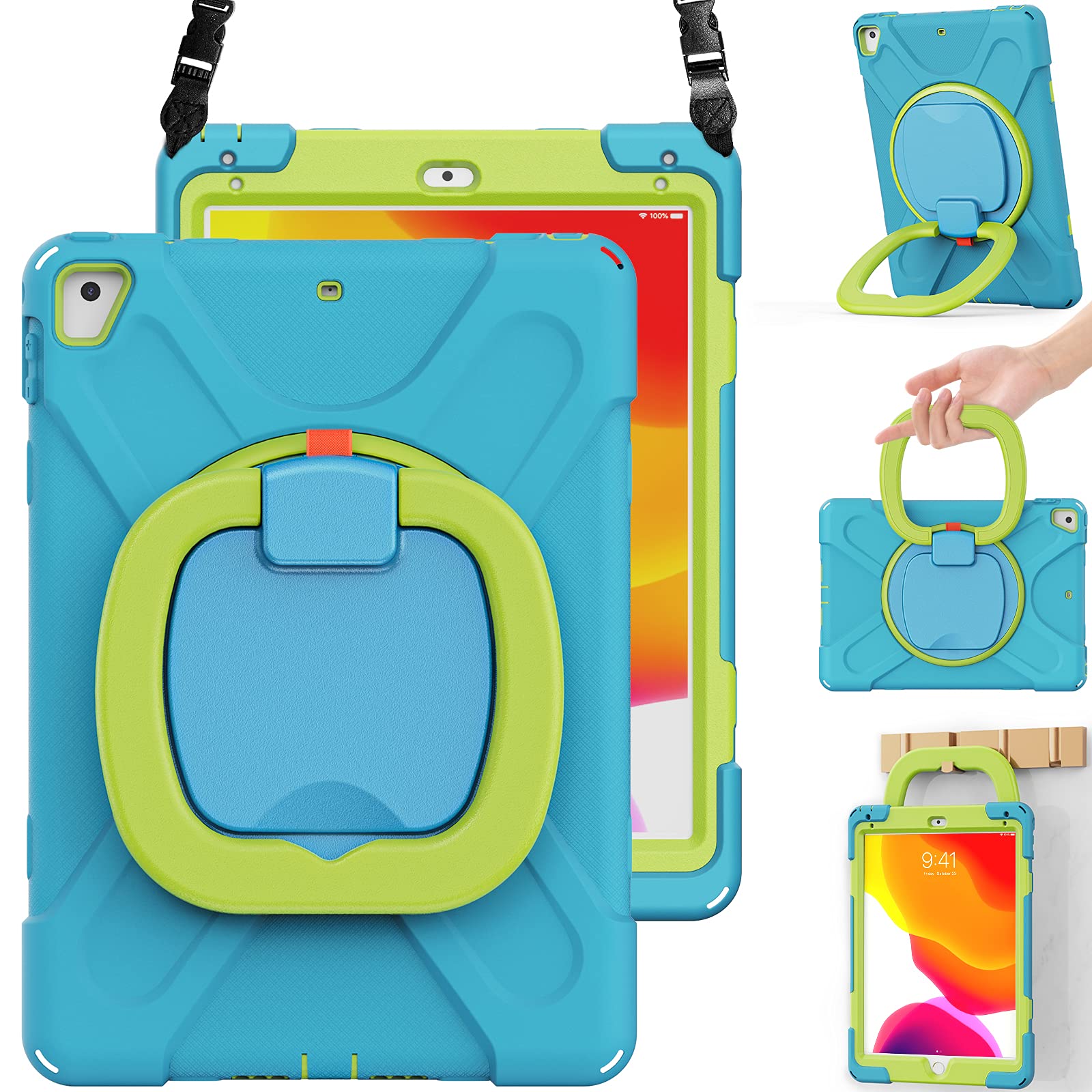 BRAECN Shockproof Kids Case for iPad 9.7 Inch (iPad 6th/5th Generation 2018/2017 & iPad Air 2) - 3-Layer Protective Silicone Cover with Rotating Handle, Adjustable Shoulder Strap, Pencil Holder & Kickstand - Sky Blue | Perfect for School, Travel & Outdoor Learning Activities