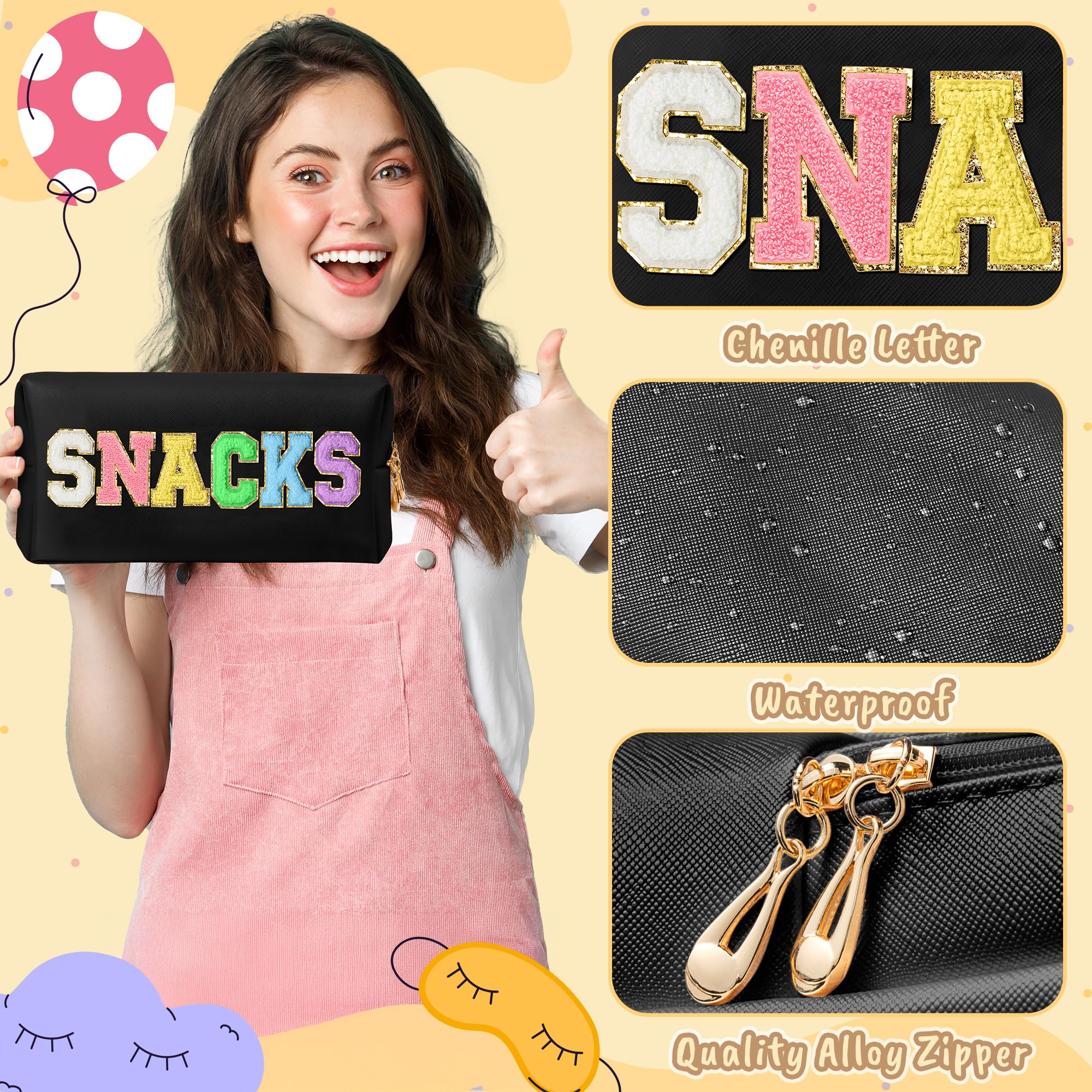 CY2SIDE SNACKS Letter Makeup Bag - Waterproof Black PU Leather Cosmetic Pouch with Colorful Chenille Letter Patch, Portable Travel Organizer for Women & Girls | Perfect for Travel, Gym, and Christmas Gifts