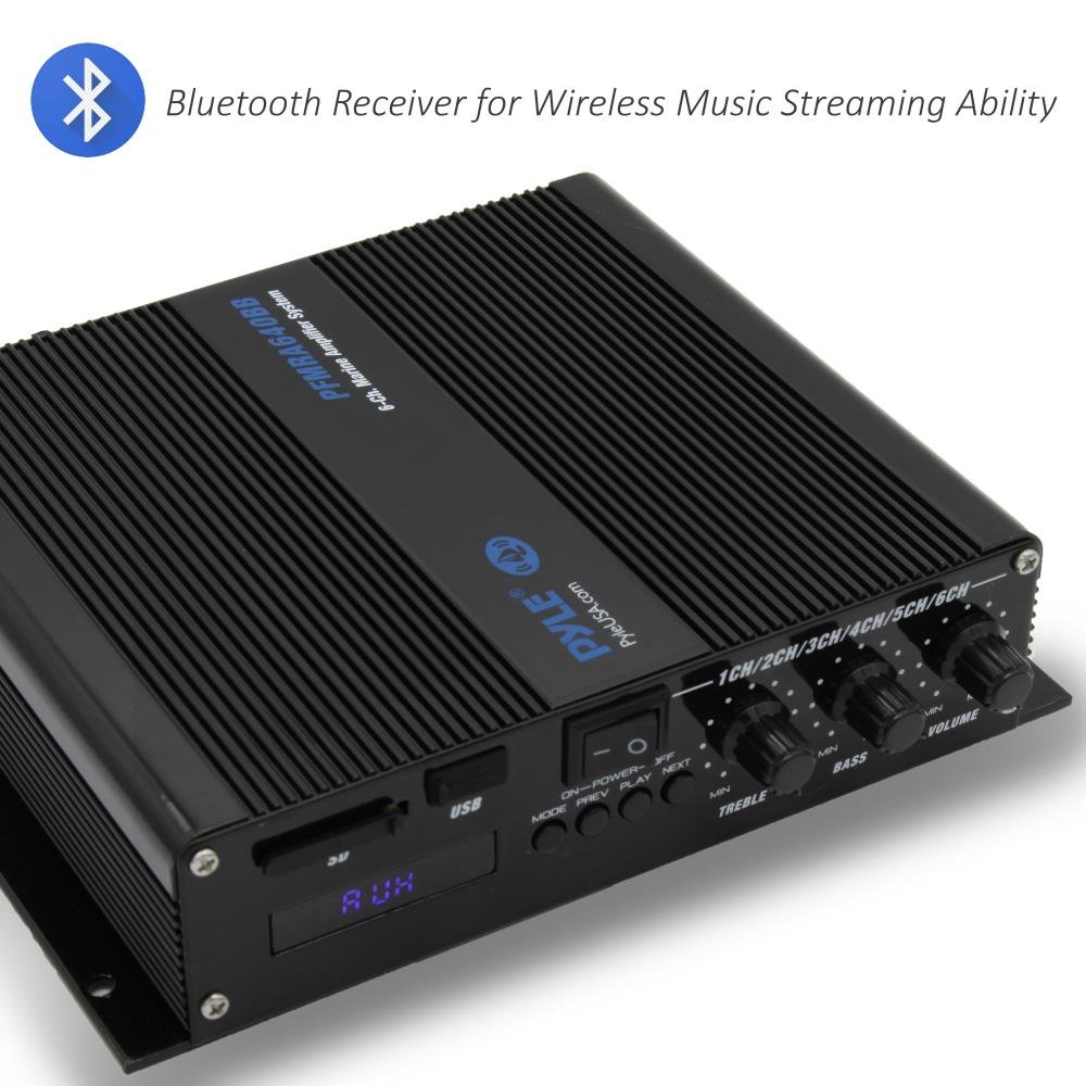 Pyle 6-Channel Marine Amplifier 600W RMS 4 OHM Full Range Stereo - Bluetooth Receiver, LCD Display, Bass/Treble Control for Boats & Watercraft - Perfect for Marine Audio Systems & Outdoor Entertainment