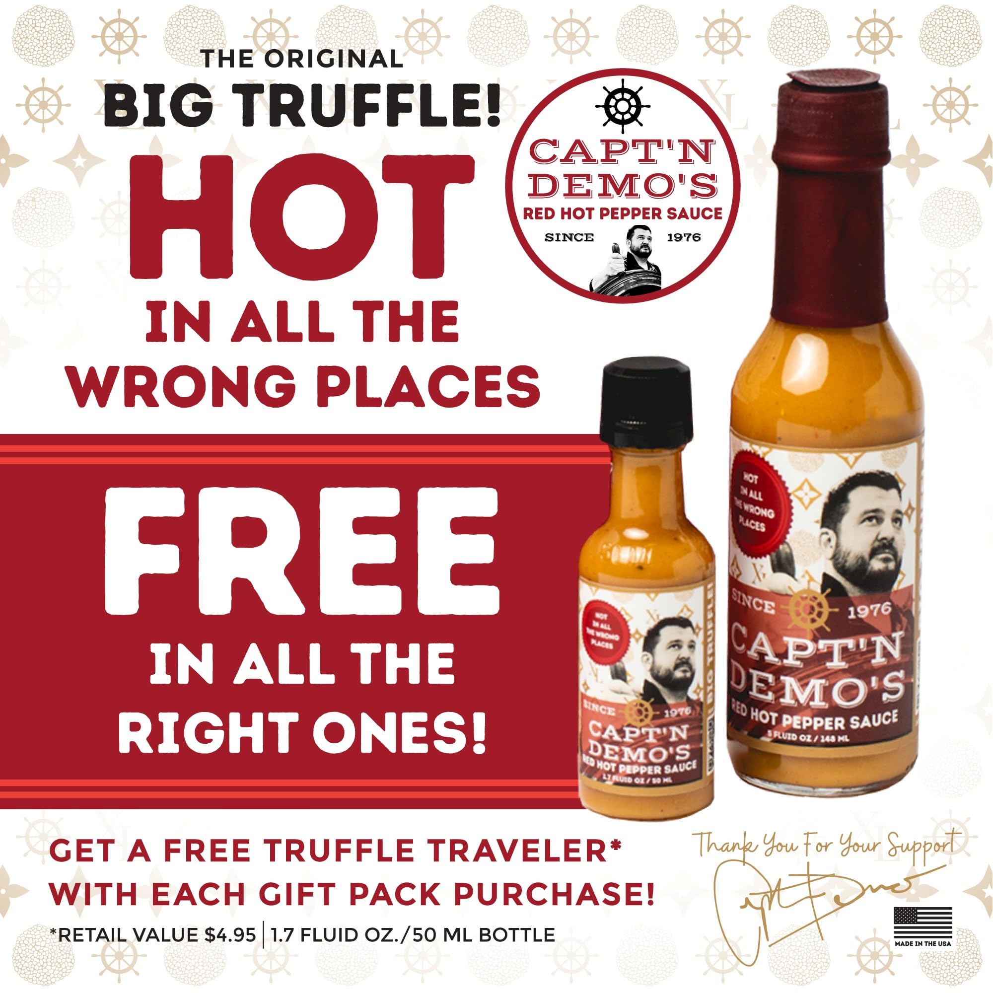 CAPTAIN DEMO's DOUBLE TRUFFLE Red Hot Pepper Sauce - 2 Bottle Pack with Free Travel Bottle | Gourmet Hot Sauce with Black & White Truffles | Perfect Garlic Flavor & Hot Honey Heat | Ideal for Pizza, Wings & Gourmet Cooking