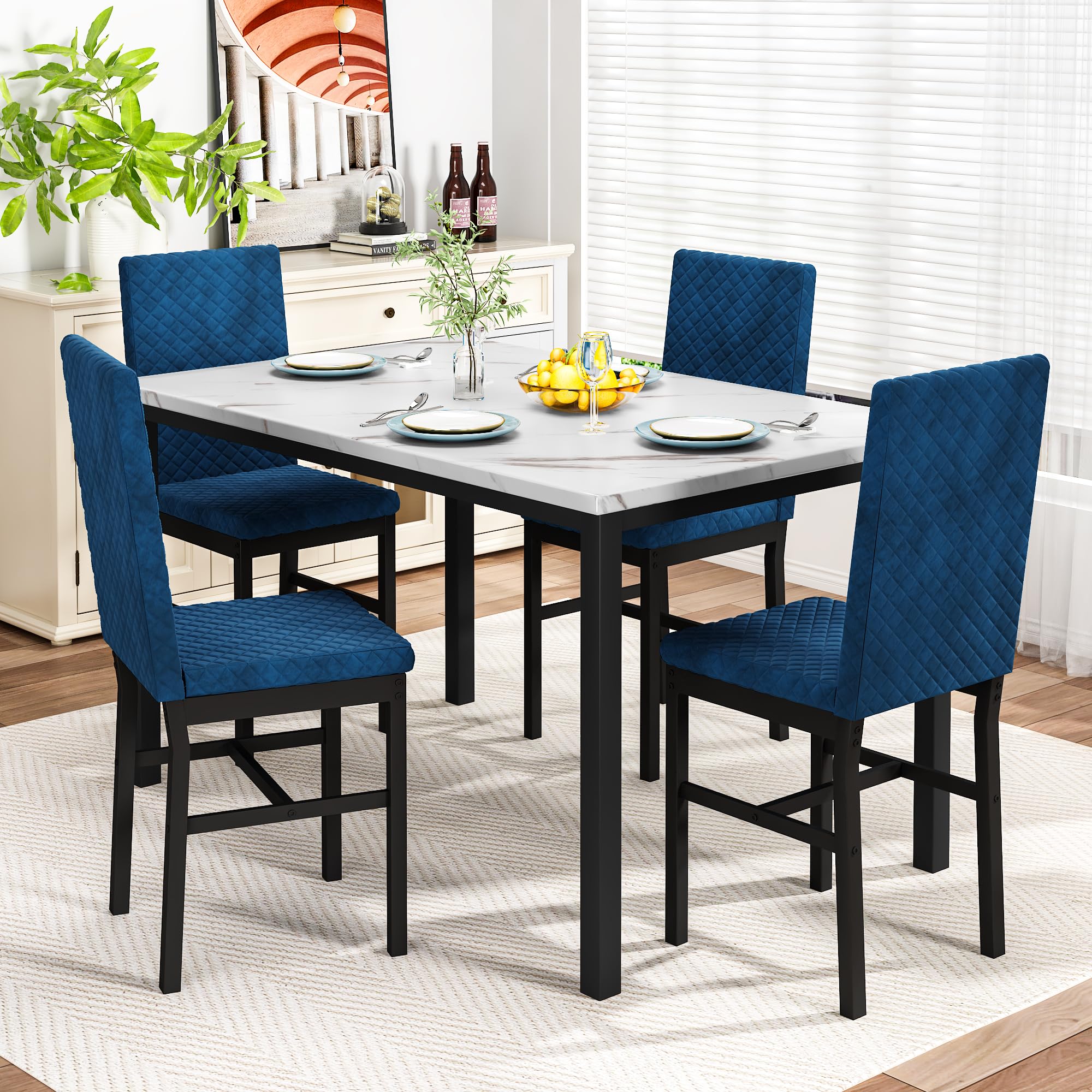 DKLGG 4-Piece Dining Table Set - Faux Marble Kitchen Table with 4 Velvet Upholstered Chairs, Compact Space-Saving Design for Apartments & Small Homes (White & Blue) - Perfect for Breakfast Nooks, Studio Apartments & Cozy Dining Areas