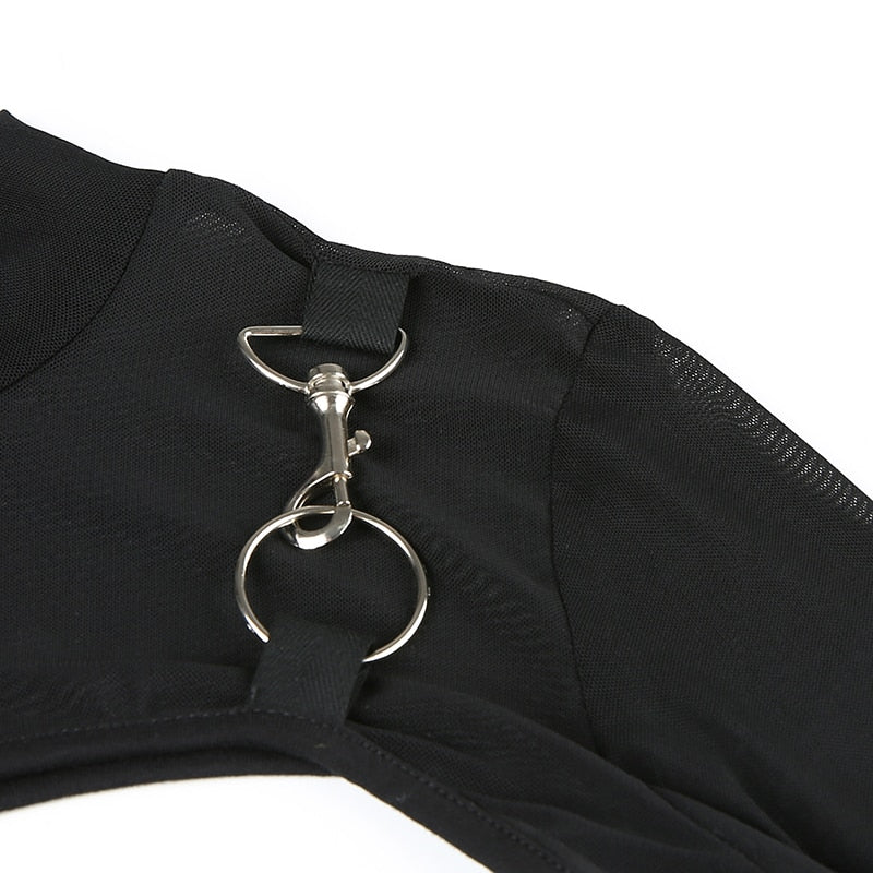 Gothic Punk Black Mesh Long Sleeve Crop Top with Metal Rings - Perfect for Halloween, Concerts & Alternative Fashion Outfits