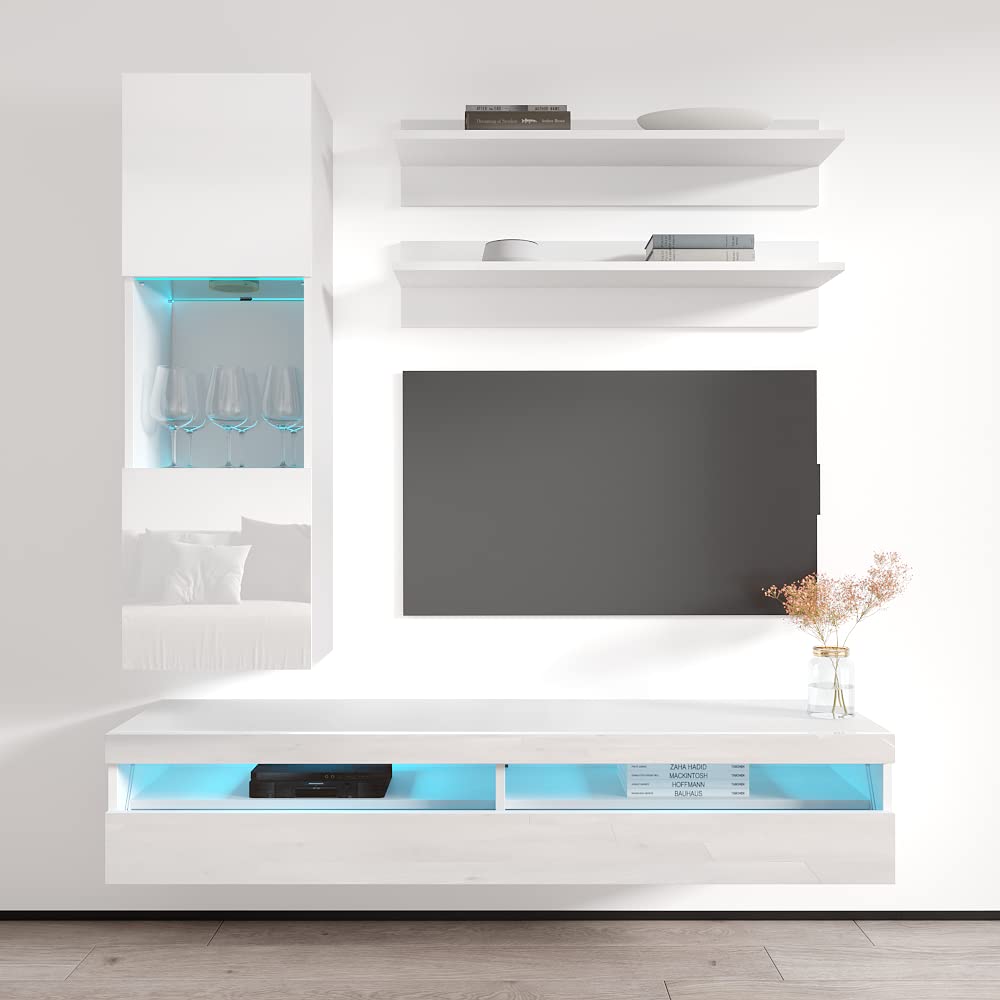 Modern White Wall-Mounted TV Stand with Storage Shelves & LED Lights - Floating Entertainment Center Console for Bedroom & Living Room - Perfect for 35