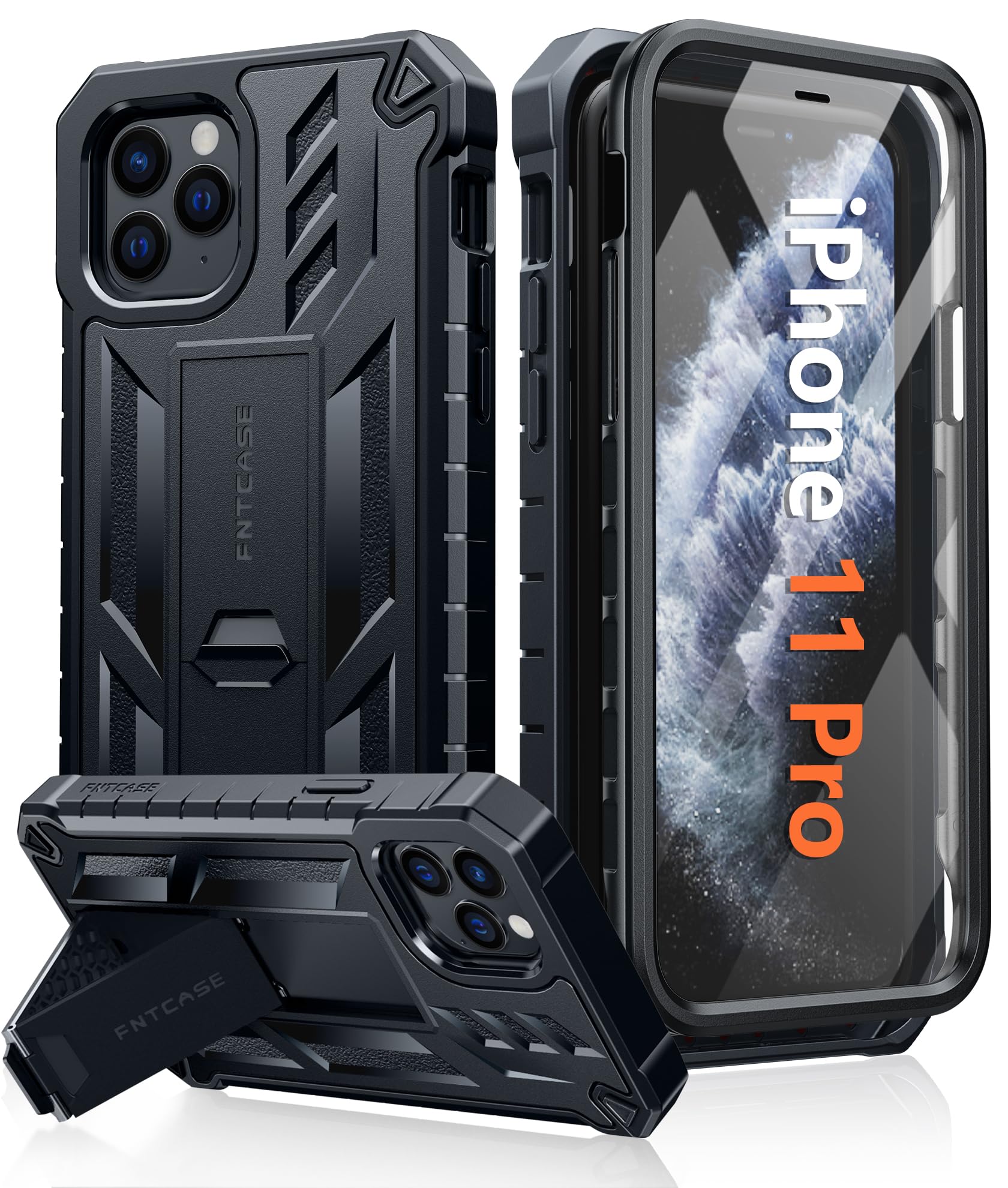 FNTCASE Military Grade Shockproof iPhone 11 Pro Case (5.8 Inch) - Rugged Dual Protection Matte Hard Cover with Kickstand | Drop Proof Heavy Duty Phone Case in Black | Perfect for Outdoor, Work & Travel Protection