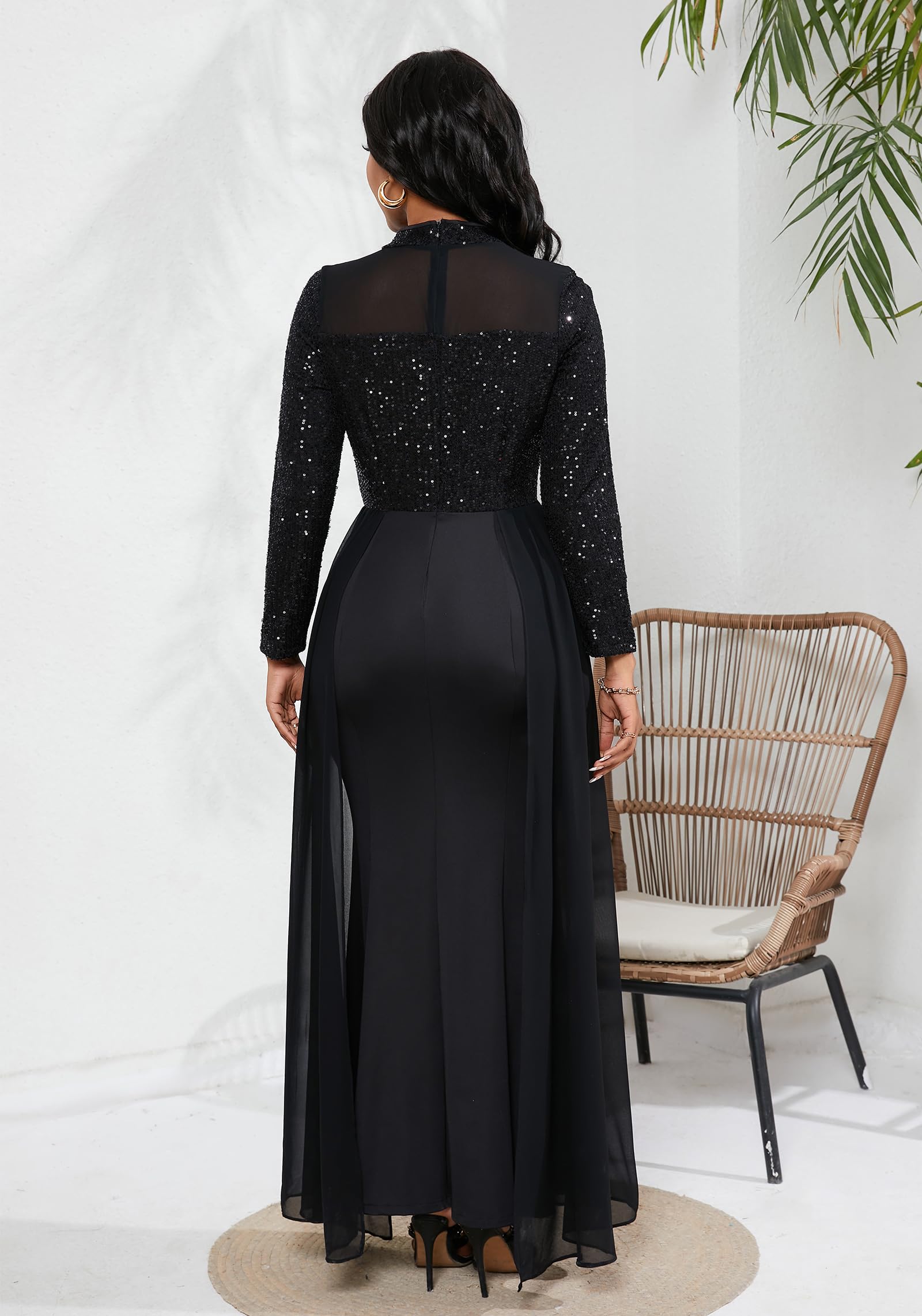 VERWIN Women's Sparkly Sequin Bodycon Maxi Dress - Elegant Mesh & Chiffon Long Dress with Side Slit & Patchwork Design for Party, Evening, Prom & Special Occasions