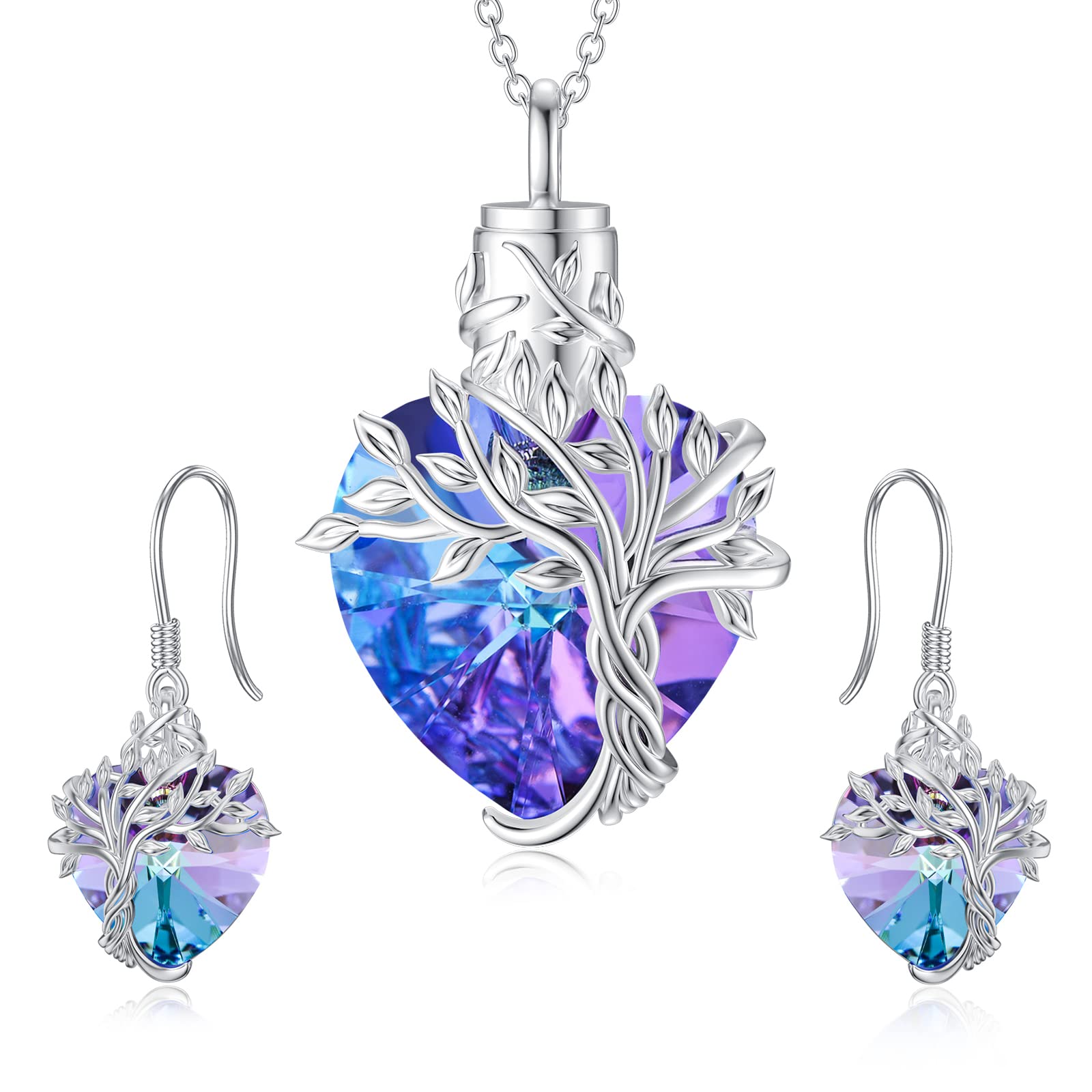 TOUPOP Heart Tree of Life Urn Necklace & Earrings Set with Purple Crystal - Memorial Jewelry Gift for Women, Girls - Perfect for Remembrance, Sympathy & Special Occasions