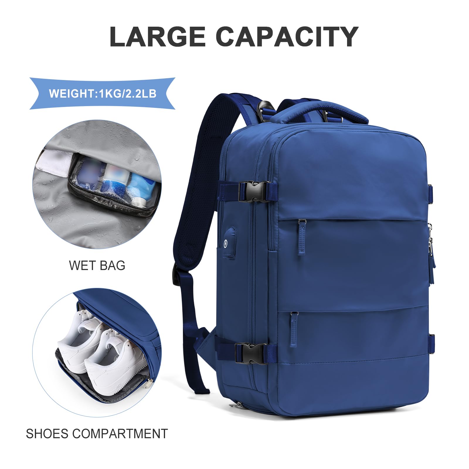 Coowoz Large Travel Backpack for Women & Men - Flight Approved Carry On Backpack, Hiking Backpack, Outdoor Rucksack, Casual Daypack - Perfect for Air Travel, Camping, Hiking & Daily Commute (Royal Blue, Large)