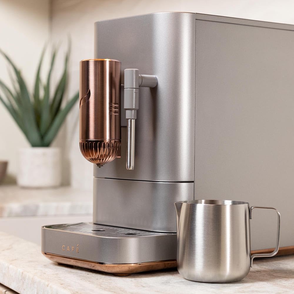 Café Affetto Automatic Espresso Machine with Milk Frother - Built-In Adjustable Coffee Grinder - 90 Second One-Touch Brewing - 1.2L Stainless Steel (C7CEBBS2RS3) - Perfect for Home Baristas & Office Coffee Stations