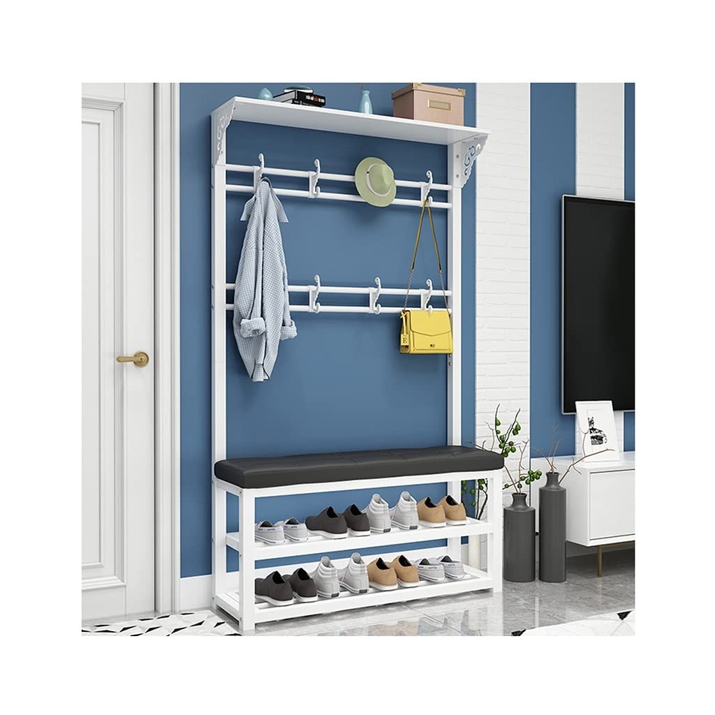 4-in-1 Industrial Coat Rack Shoe Storage Bench with Metal Frame - Hall Tree Entryway Organizer with Coat Hooks (100x30x172cm, White PU) - Perfect for Mudroom, Foyer & Small Space Organization