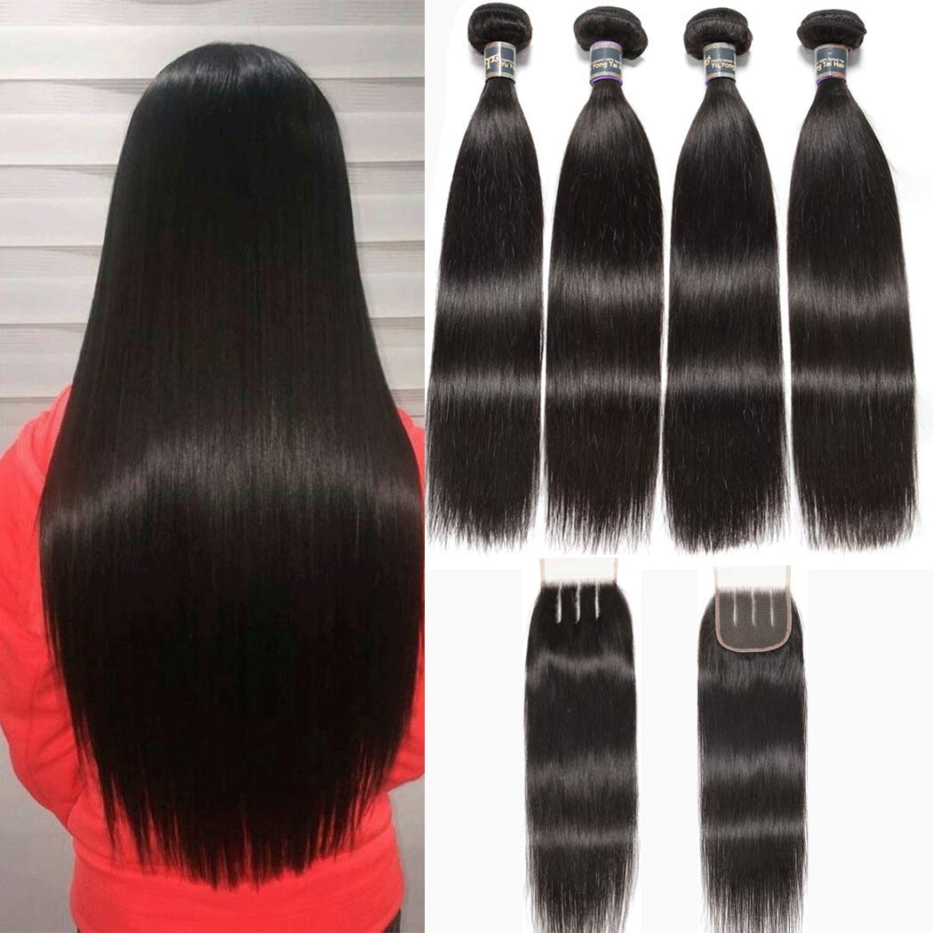 100% Malaysian Straight Virgin Hair Bundles with 3 Part Lace Closure - 12 14 16 18 +12.1B Color - 4 Bundles for Natural Look & Volume - Perfect for Daily Styling, Parties & Special Occasions