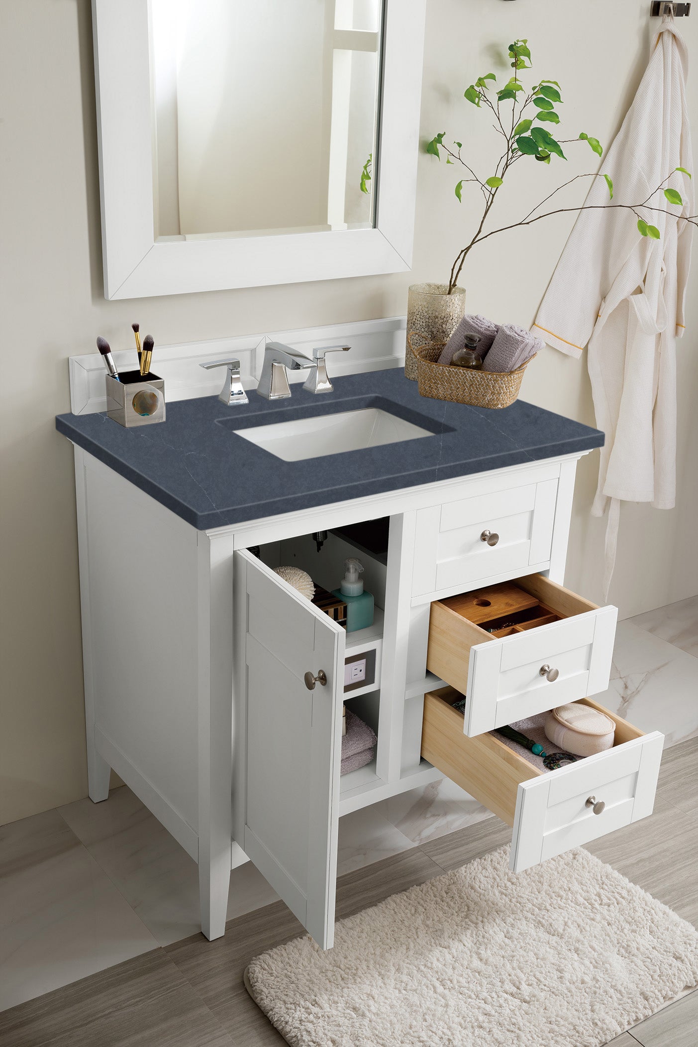 Palisades 36 Inch Single Bathroom Vanity Set with 3CM Charcoal Soapstone Quartz Countertop - Bright White Finish for Modern Bathroom Remodeling & Home Upgrade