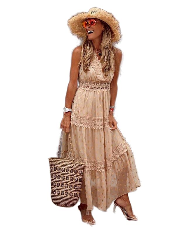 Boho Floral Lace Maxi Sundress for Women - Flowy Swing Sleeveless V-Neck Dress for Beach, Wedding Guest, Bridesmaid & Cocktail Party | Perfect for Summer Vacations, Garden Parties & Romantic Dates