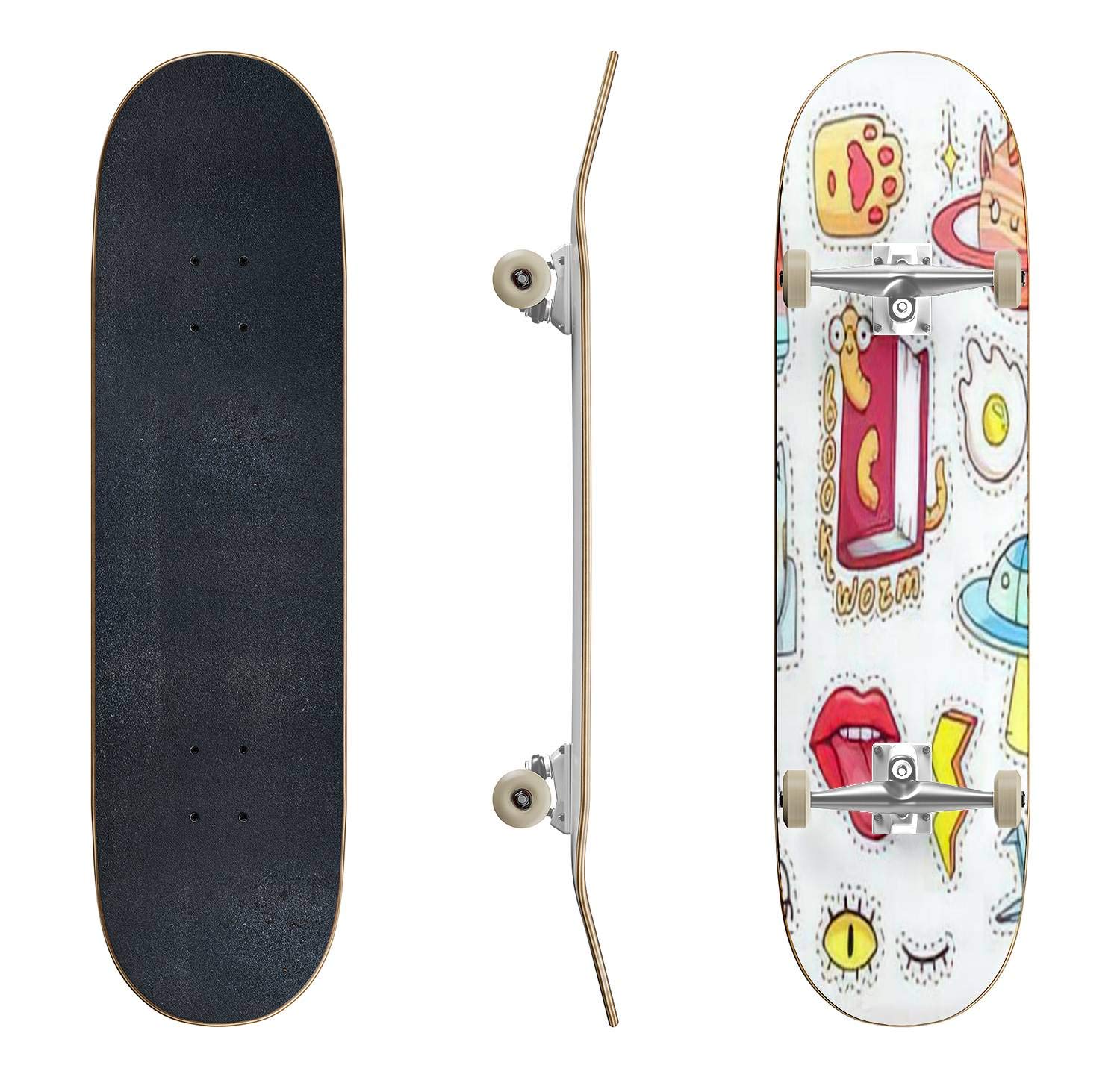 EFTOWEL Retro 80s 90s Pop Art Skateboard with Cartoon Classic Concave Design - Cool Patch Badges & Pins - Perfect for Beginners & Professionals - Great Teen Gift for Extreme Sports & Longboarding - Ideal for Skate Parks, Street Riding & Collectors