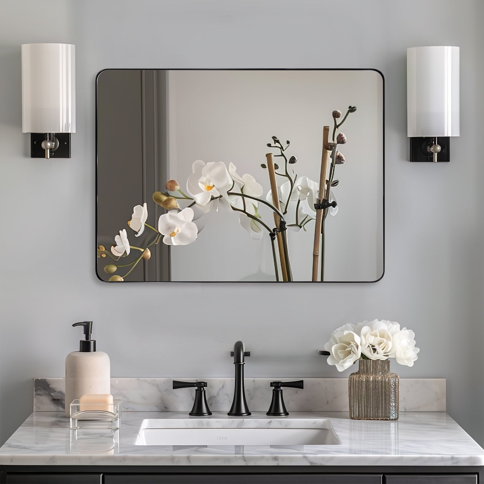 Modern Metal Rectangular Bathroom Wall Mirror - Horizontal or Vertical Hanging - Perfect for Vanity, Powder Room & Small Space Decor