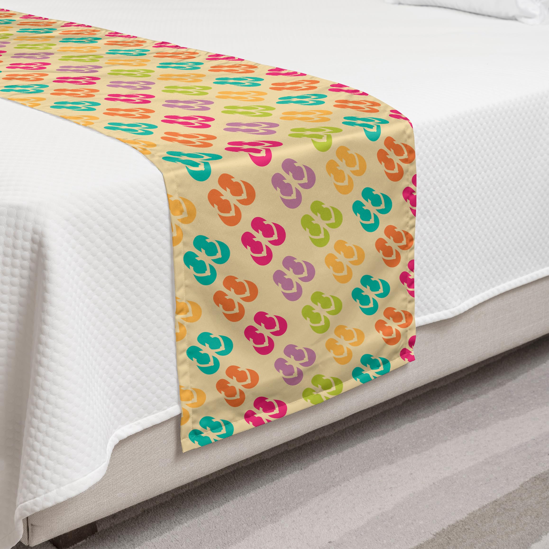 Ambesonne Minimalist Flip Flop Bed Runner - Colorful Sandal Pattern Decorative Bedding Scarf for Hotels, Homes & Guest Rooms - Perfect for Beach House Decor, Summer Bedroom Accent or Vacation Rental Styling