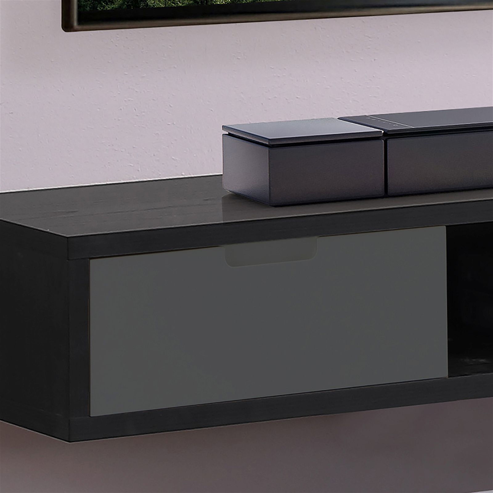 Wall Mounted TV Stand 1800mm Black Oak with Grey Drawers - Modern Entertainment Center for Living Room by Criterion | Perfect for Home Theater Setup & Media Storage