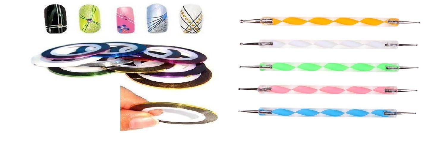 Khelni 5-Piece 2-Way Marbleizing Dotting Pen Set with 10 Color Nail Art Decoration Striping Tapes – Professional Nail Design Tools for Salon & Home Manicure