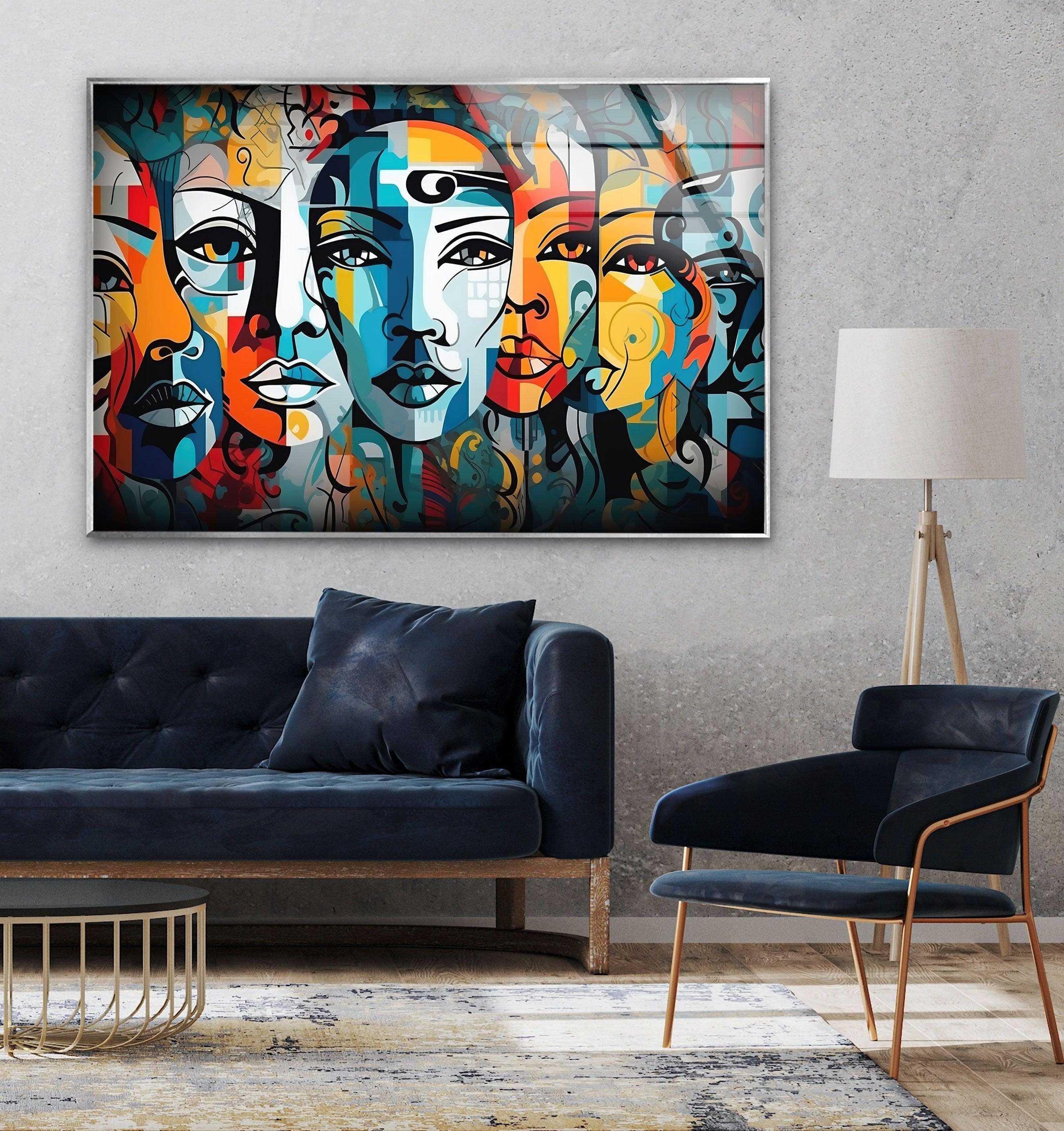 Vibrant Abstract Portrait Glass Wall Art - Modern Home Decor for Living Room, Bedroom & Office - Unique Handmade Glass Painting for Stylish Interior Design