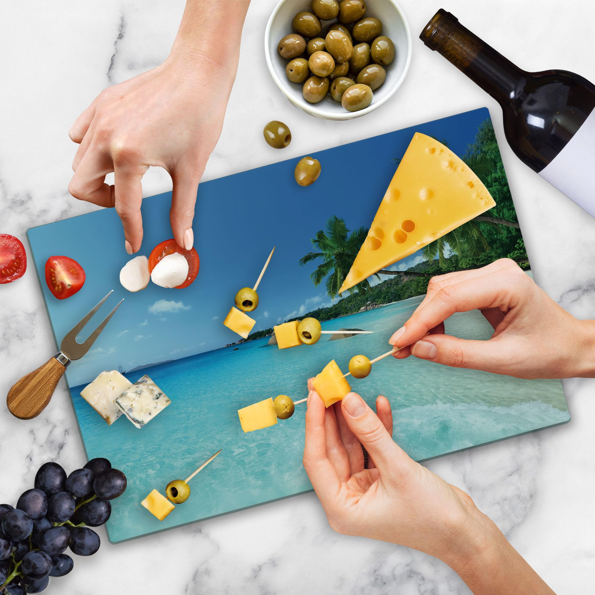 Ambesonne Ocean Themed Tempered Glass Cutting Board - Large Size Turquoise Blue Green - Anse Lazio Beach Scenic View - Decorative Serving Board for Kitchen, Dining & Entertaining - Perfect for Cheese Platters, Charcuterie & Party Serving