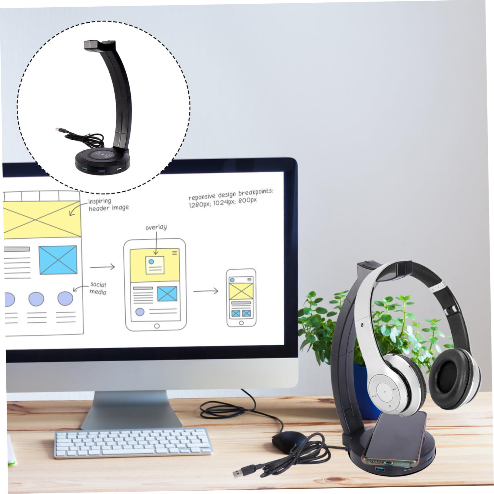 OSALADI Premium Headphone Stand with USB Port - Durable Desk Organizer for Gaming Headsets, Smartphones & Tablets - Perfect for Home Office, Gaming Setup & Workspace Organization