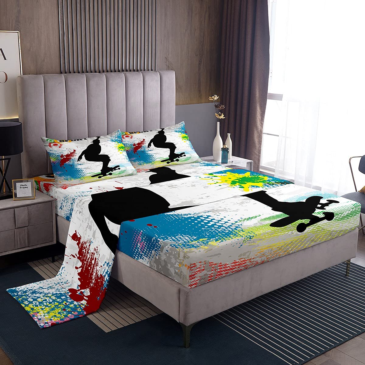 Feelyou Skateboard Bed Sheet Set - Graffiti Style Extreme Sports Queen Size 4Pcs - Colorful Bedroom Decor for Kids Boys & Girls - Perfect for Skateboard Enthusiasts' Bedrooms & Dorm Rooms