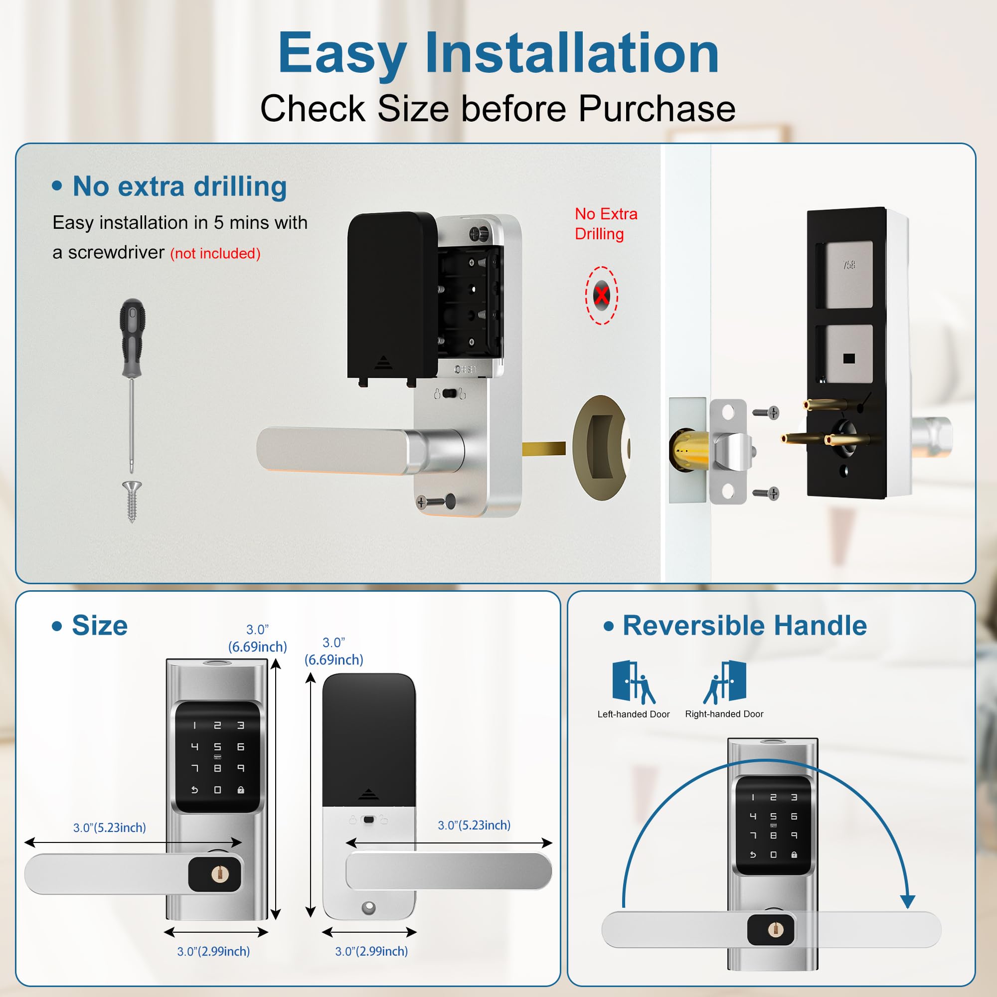 ENOKER Smart Keypad Door Lock with Handle - 6-in-1 Keyless Entry Fingerprint Electronic Lock, Biometric Digital Security for Front Doors | Home, Office & Rental Use | Easy APP Control for Smart Home Access