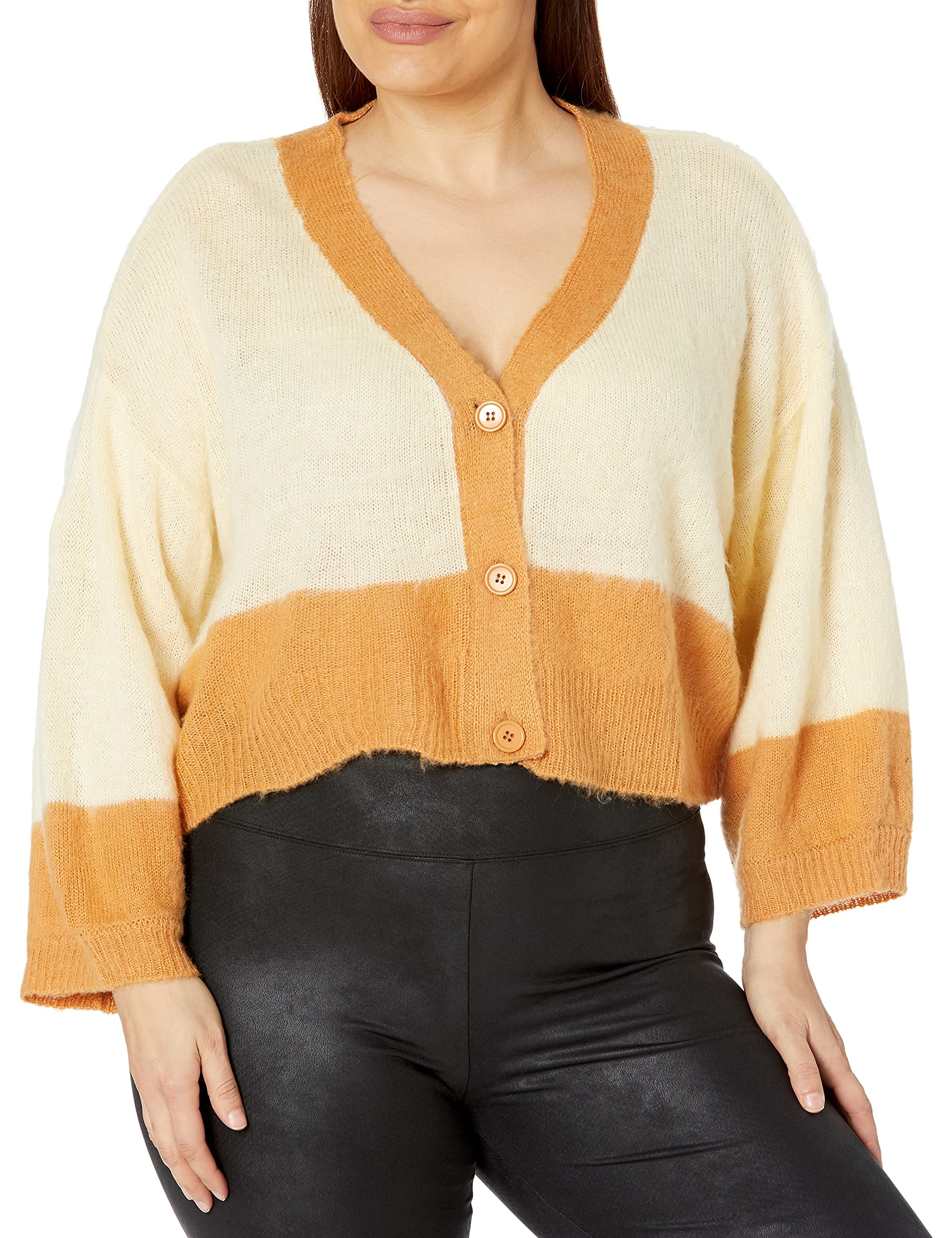 KENDALL + KYLIE Women's Plus Size Block Cropped Cardigan Sweater - Soft Knit Open Front Long Sleeve Wrap Cover Up for Casual Outfits, Office Wear & Date Nights