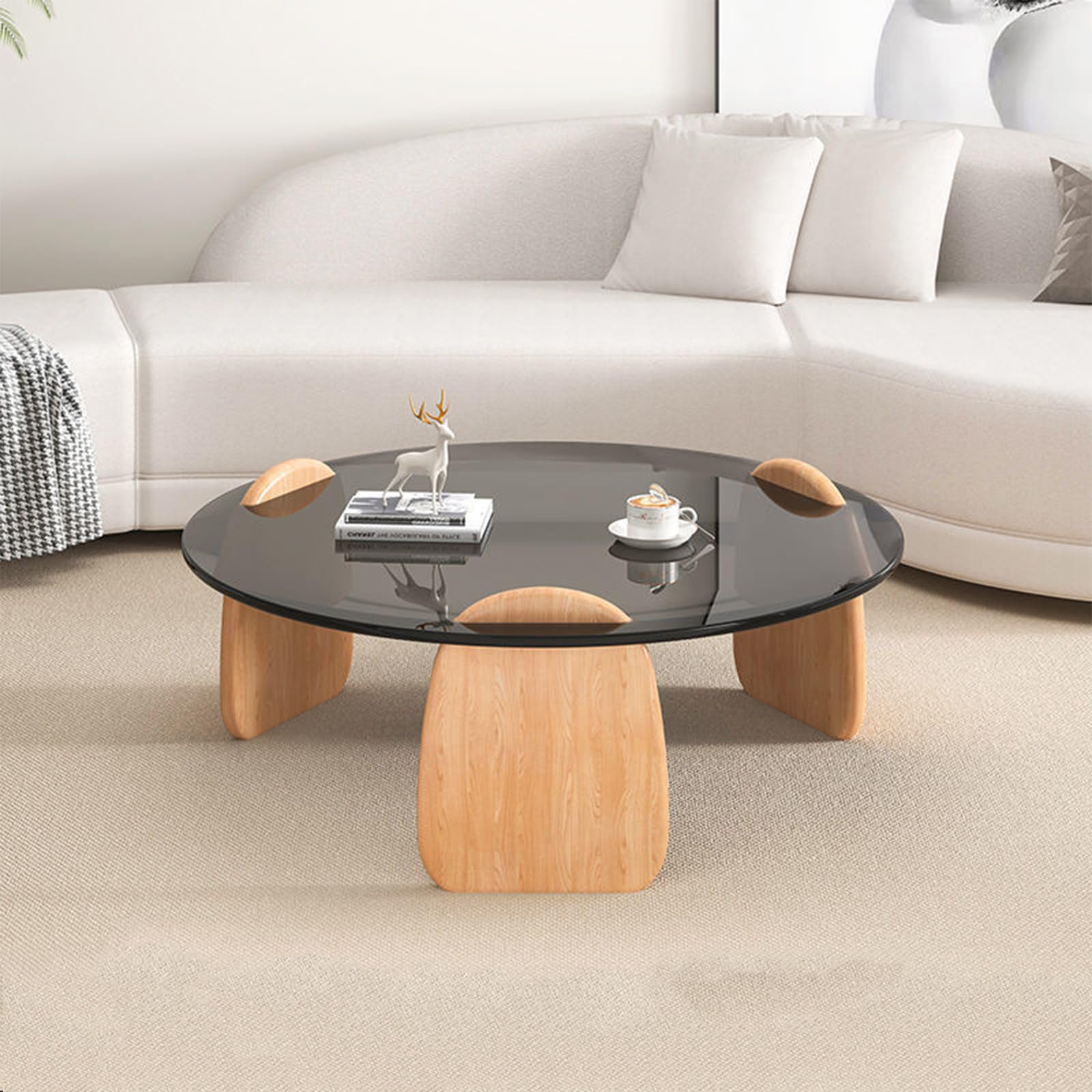 HM&DX Modern Round Coffee Table with Tempered Glass Top & Wood Frame - 35