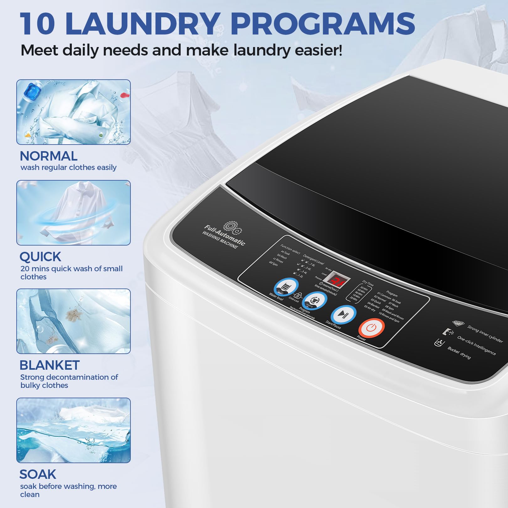 Nictemaw 2.4 Cu.ft Full-Automatic Portable Washing Machine - 17.8Lbs Capacity Compact Washer with Drain Pump, 10 Wash Programs & 8 Water Levels - Perfect for Apartments, Dorms, RVs, Camping & Small Spaces