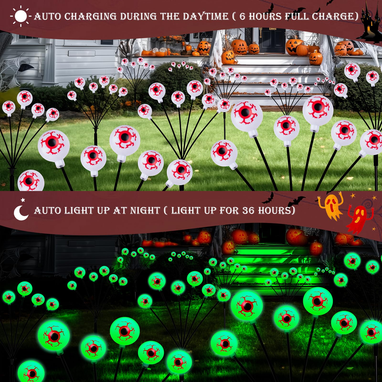 2 Packs 12LED Solar Halloween Decorations - Scary Bleeding Eyeball Swaying Firefly Lights, Waterproof Outdoor Garden Path Lights for Patio, Yard, Pathway, Walkway - Perfect for Halloween Party Decor & Spooky Outdoor Ambiance