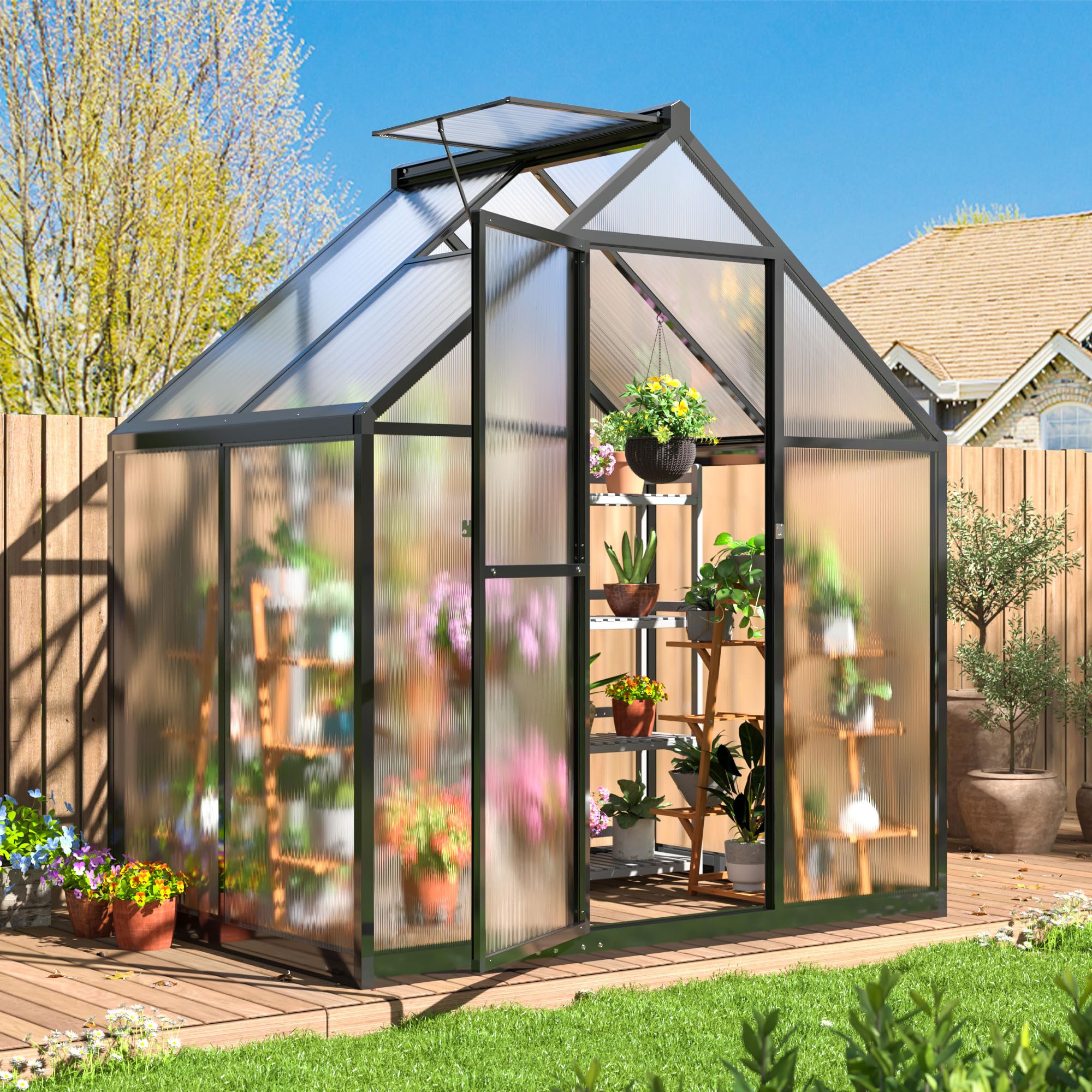 4x6 FT Polar Aurora Greenhouse - Quick Assembly Aluminum Frame with Polycarbonate Panels, Walk-in Outdoor Greenhouse for Backyard Garden with Ventilated Windows | Perfect for Growing Vegetables, Herbs & Flowers Year-Round
