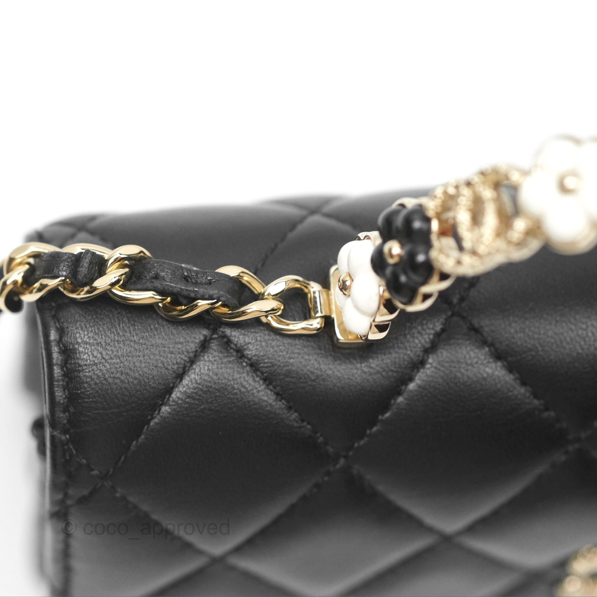 Chanel Camellia Handle Mini WOC Phone Holder Crossbody Bag with Chain - Black Lambskin Leather 23K Gold Hardware | Luxury Evening Out & Date Night Accessory