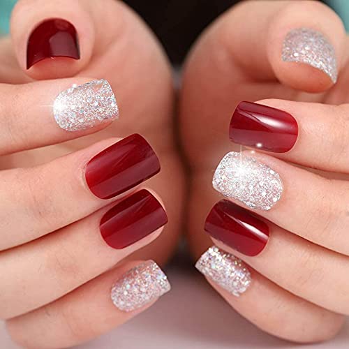 Brinote Square Press on Nails - Short Red Glossy Glitter Fake Nails with Silver Accents | 24Pcs Full Cover False Nails for Women & Girls | Perfect for Office Wear, Daily Use & Natural Manicure