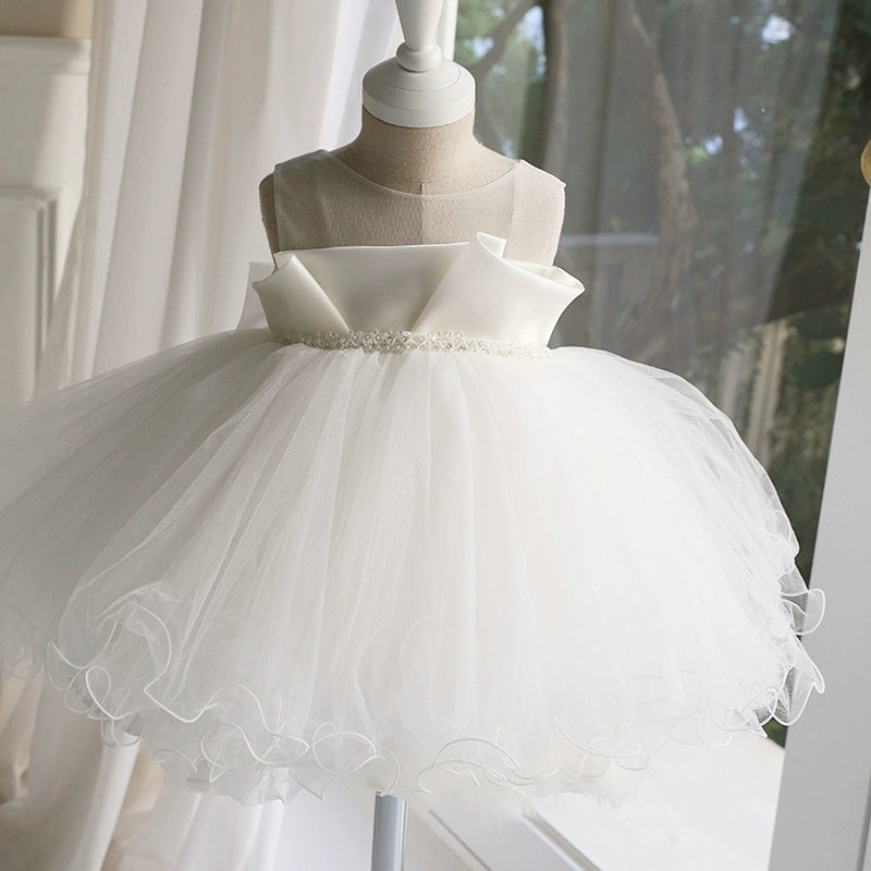 White Princess Round Tea Length Satin Flower Girl Dress for Weddings, Flower Girls & Special Occasions