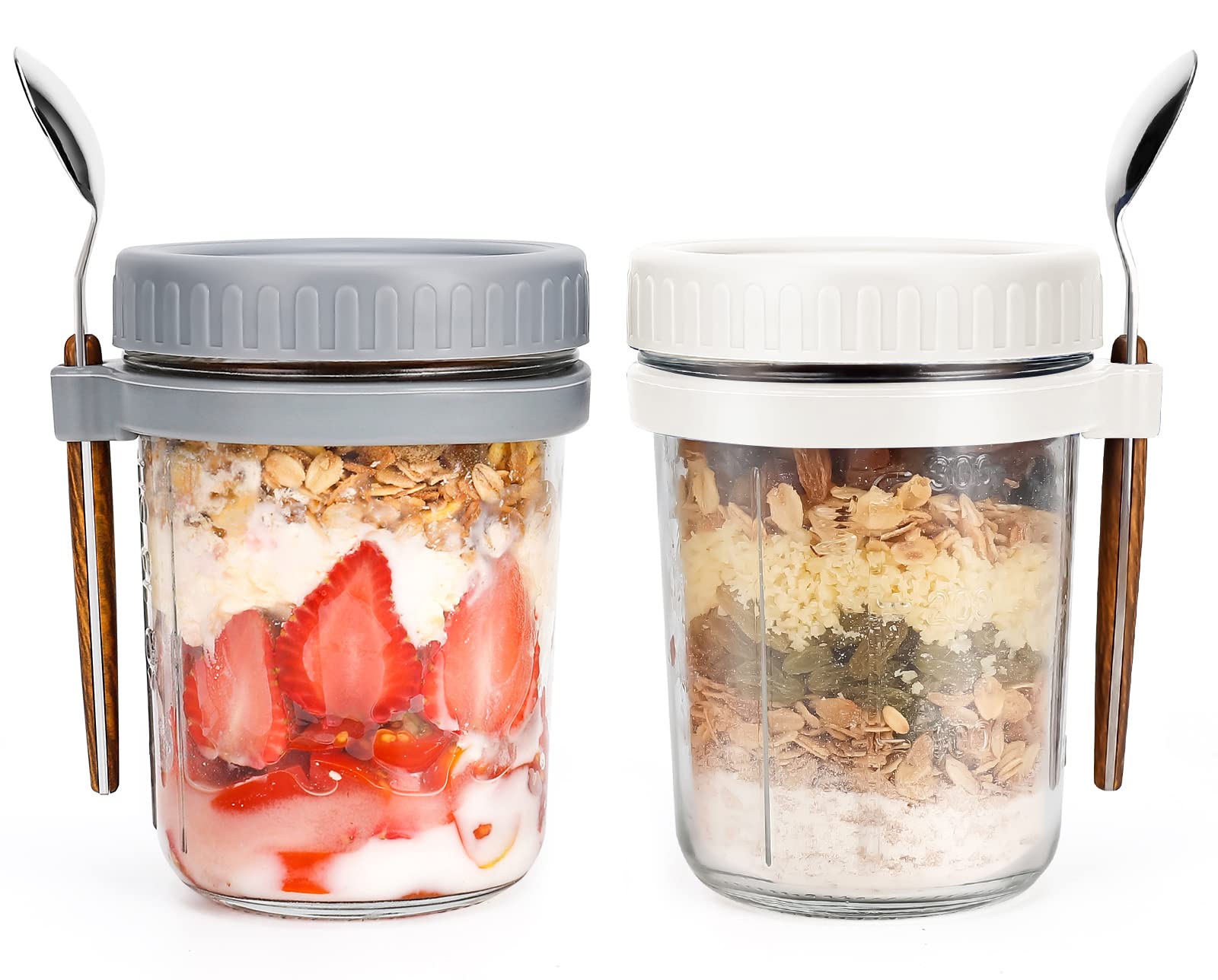 16 oz Overnight Oats Jars with Lid & Spoon - BPA-Free Meal Prep Containers for Cereal, Yogurt, Fruit Salad - Measuring Marks for Perfect Portions (White/Grey) | Ideal for Breakfast Meal Prep, Office Lunches & Healthy Snacks On-The-Go