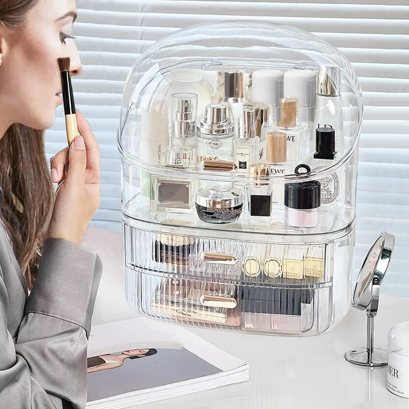 Clear Makeup Organizer with Transparent Cover & 2 Drawers - Cosmetic Storage Box for Lipstick, Brushes, Lotion | Vanity Countertop Organizer for Skin Care & Beauty Products | Perfect for Bedroom, Bathroom & Travel