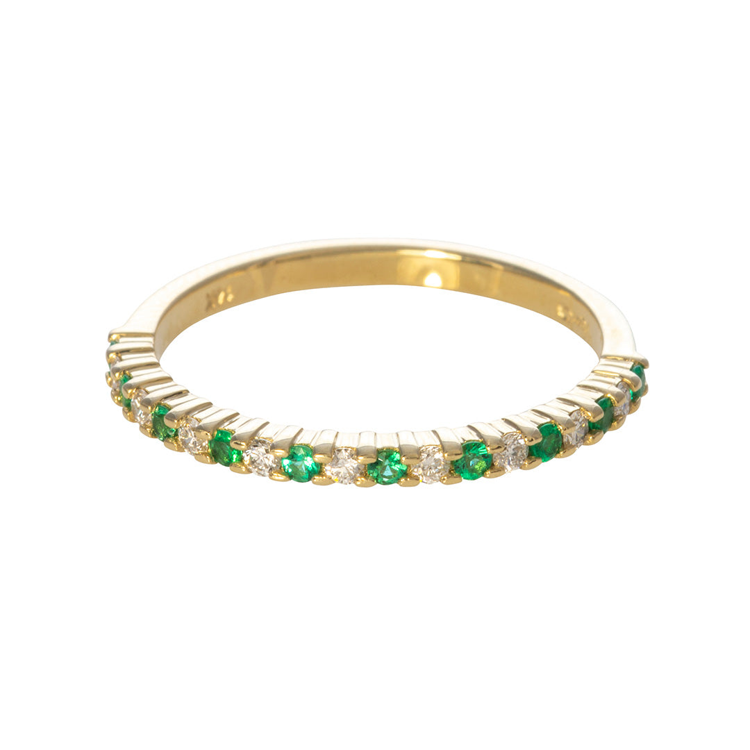 14K Yellow Gold Emerald & Diamond Halfway Band Ring for Women - Elegant Wedding, Anniversary, or Gift Jewelry