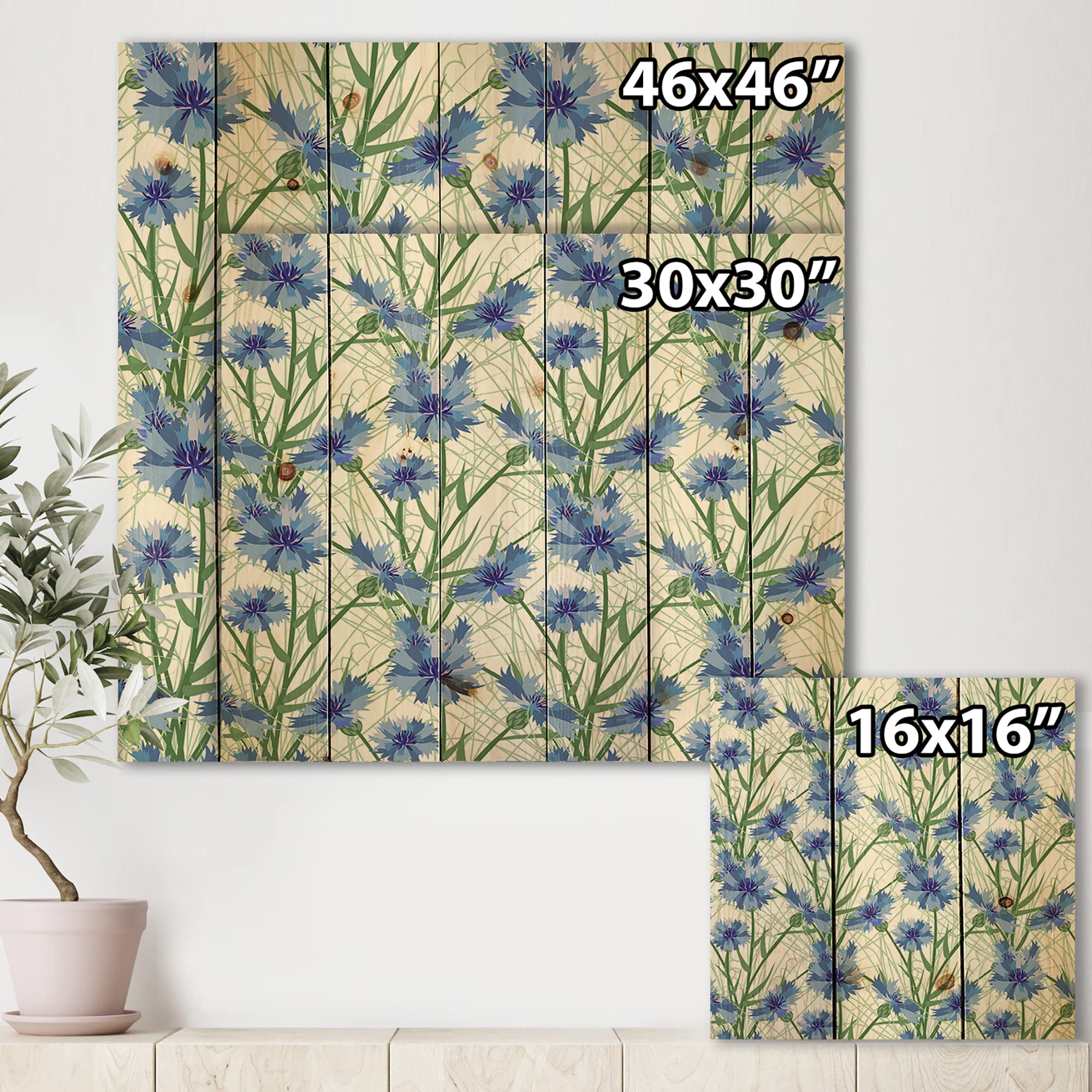 Blue Cornflowers with Green Leaves Traditional Wood Wall Decor - Handmade Floral Wood Art Panel on Natural Pine - Perfect for Living Room, Bedroom & Farmhouse Decor