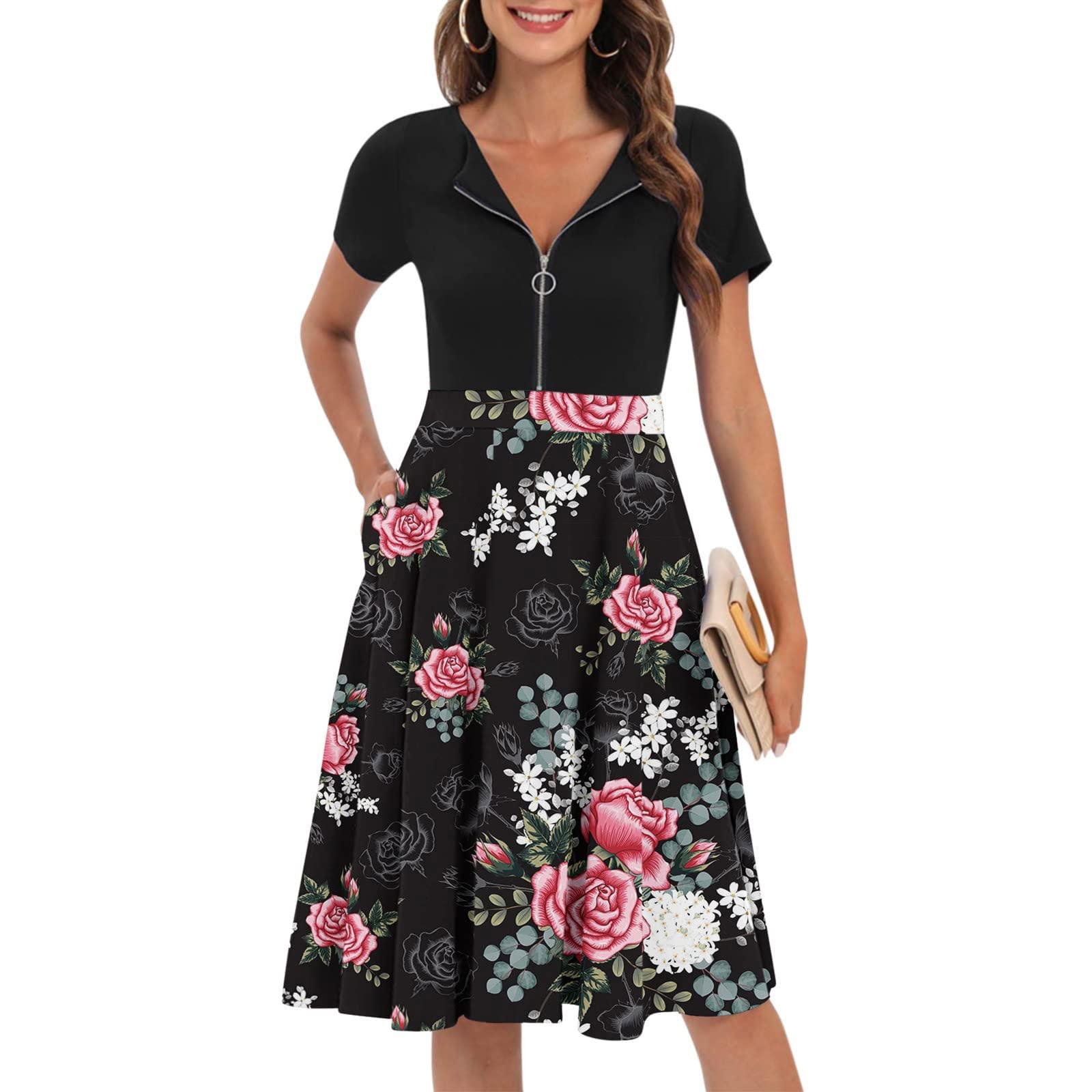 Stylish Women's Midi Summer Dresses - Crewneck Short Sleeve Zipper Swing Party Dress | Elegant & Classy for Beach, Wedding & Cocktail Events
