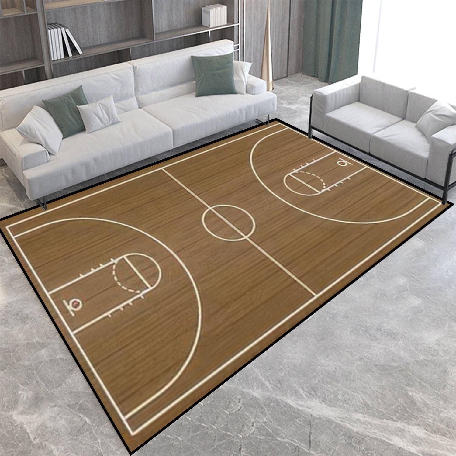 Basketball Court Area Rug - Non-Slip Hardwood Texture Floor Mat for Living Room, Bedroom, Kids Room | Indoor/Outdoor Use as Yoga Mat, Runner & Home Decor