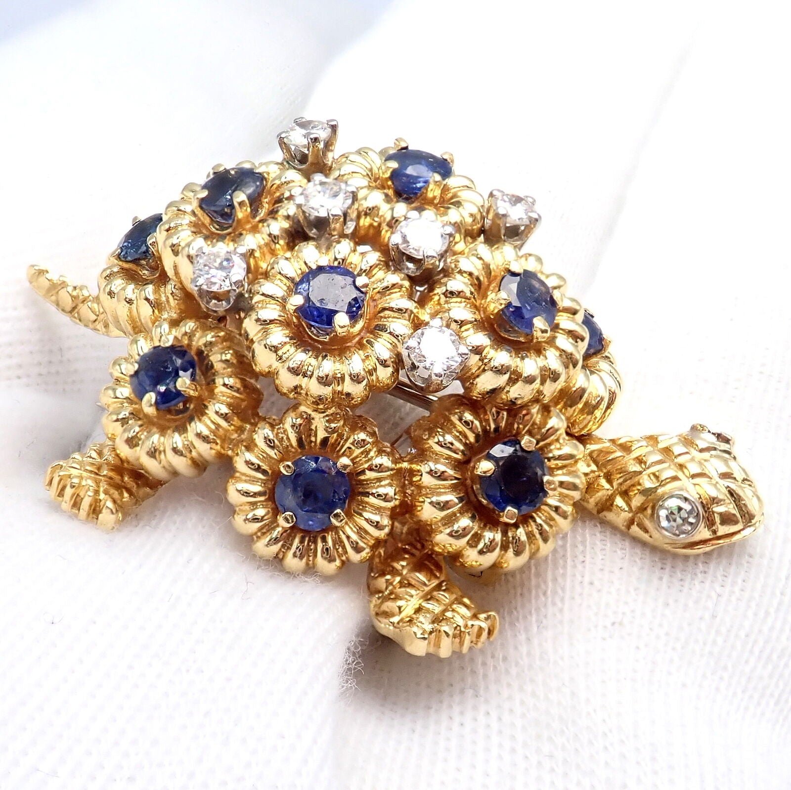 Authentic Tiffany & Co. 18k Yellow Gold Turtle Diamond Sapphire Brooch Pin - Vintage Luxury Jewelry Gift for Women, Perfect for Weddings & Special Occasions