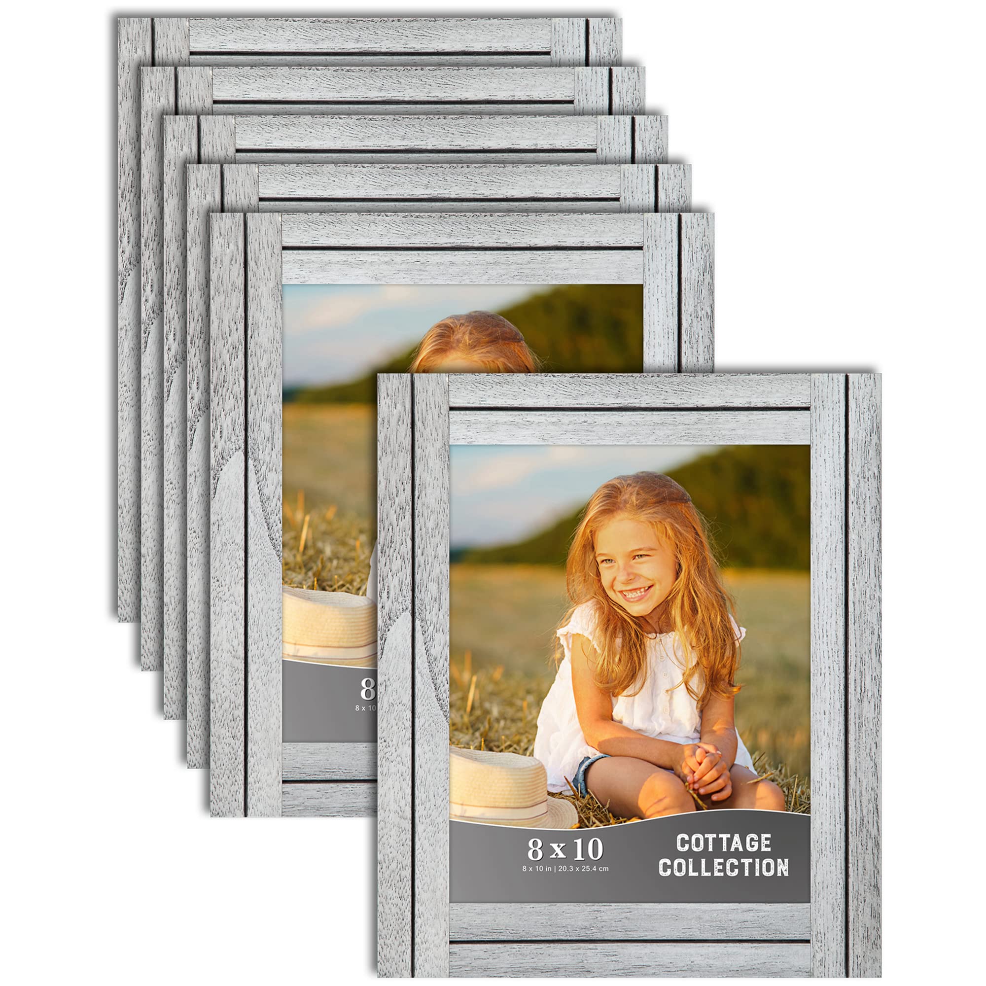 Icona Bay 8x10 (20x25 cm) Picture Frames - Farmhouse White Wood Photo Frames (6 Pack) - Rustic Wall Decor for Living Room, Bedroom & Office - Natural Real Wood Picture Frame Set - Cottage Style Home Decor Collection