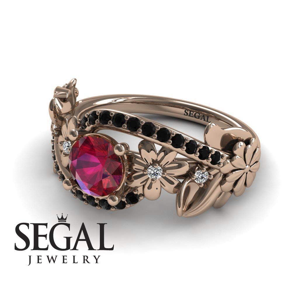 Exquisite 14K Red Gold Floral Engagement Ring with Ruby, White & Black Diamonds - Perfect for Proposals, Anniversaries & Romantic Occasions