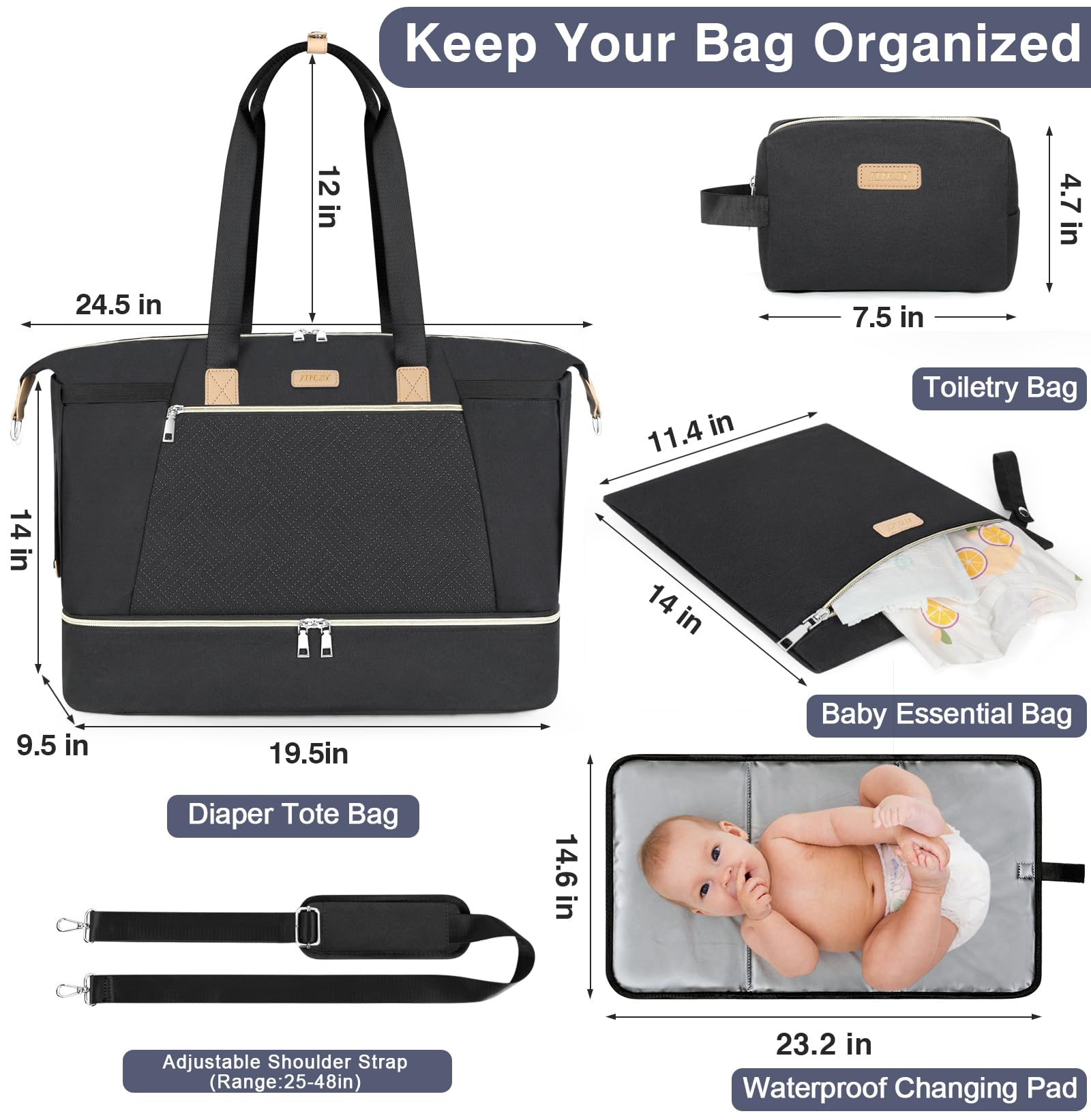 ITIEZY Large Diaper Bag Tote for Women - Waterproof Baby Bag with Changing Pad & Pacifier Case | Perfect for Hospital, Travel & Everyday Use as Mom Essentials