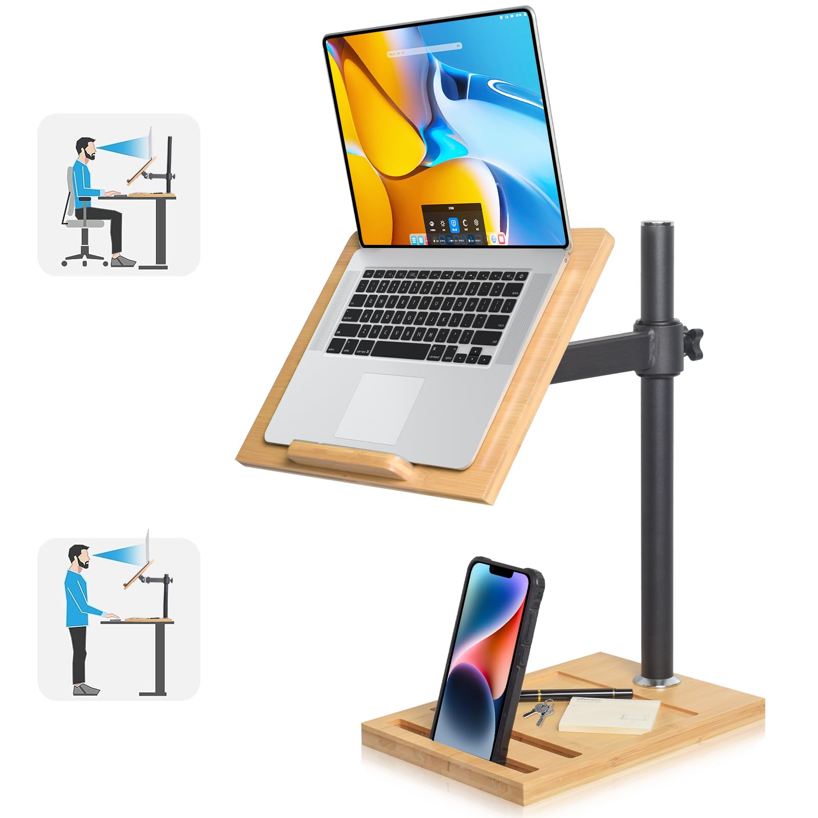 Adjustable Wooden Laptop Stand with Phone Holder - Ergonomic Height Adjustable Computer Riser for Desk, Durable & Stable with Cooling Airflow - Fits Up to 17 Inch Laptops (13.2