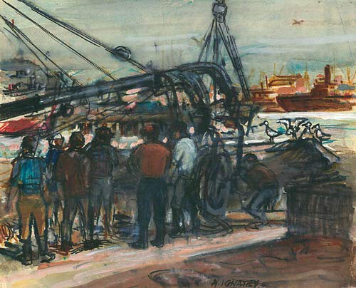 California Watercolor Fine Art Print - Dockside Crane by Alex Ignatiev, 14x16.5 Inch Coastal Wall Decor for Living Room, Office & Beach House