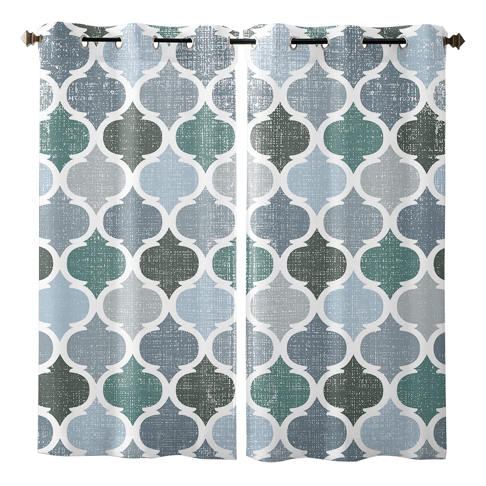 Moroccan Geometric Lattice Window Curtains - Vintage Green & Gray Printed Drapes for Kitchen, Cafe & Home Decor | Light Filtering Window Treatments for Living Room & Bedroom