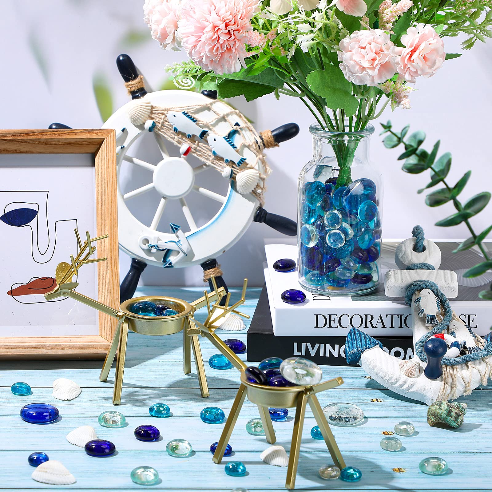 Honeydak 300 Pcs Flat Glass Marbles - Vase Filler, Aquarium Rocks, Table Scatter Decor for Home, Wedding, Fish Tank (2.4LB, Mainly Blue) | Perfect for Floral Arrangements, Centerpieces & DIY Crafts