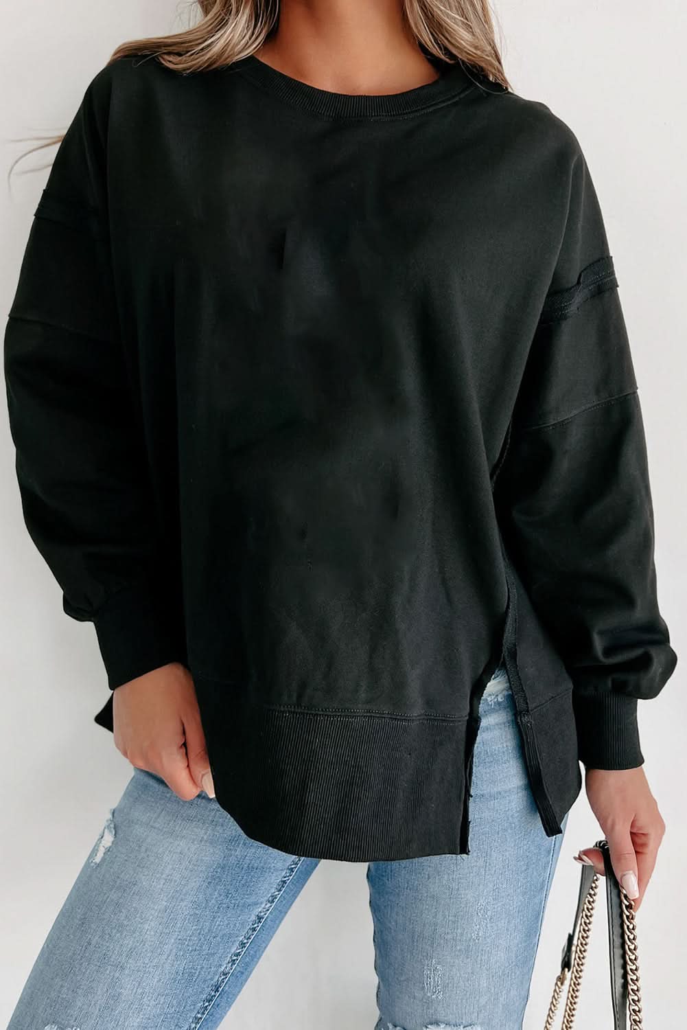 Stylish Black Drop Shoulder Sweatshirt for Women - Trendy Oversized Pullover for Casual Wear, Lounge & Street Style Fashion