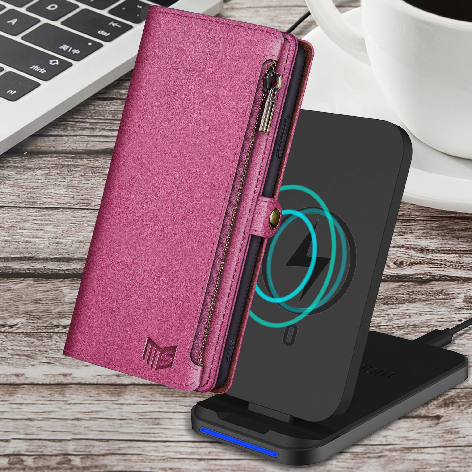 SUANPOT RFID Blocking PU Leather Wallet Case for iPhone 6 Plus/6S Plus - 9 Card Slots with Zipper Pocket, Shockproof Flip Folio Cover (Rose Red) - Perfect for Travel, Business & Daily Use